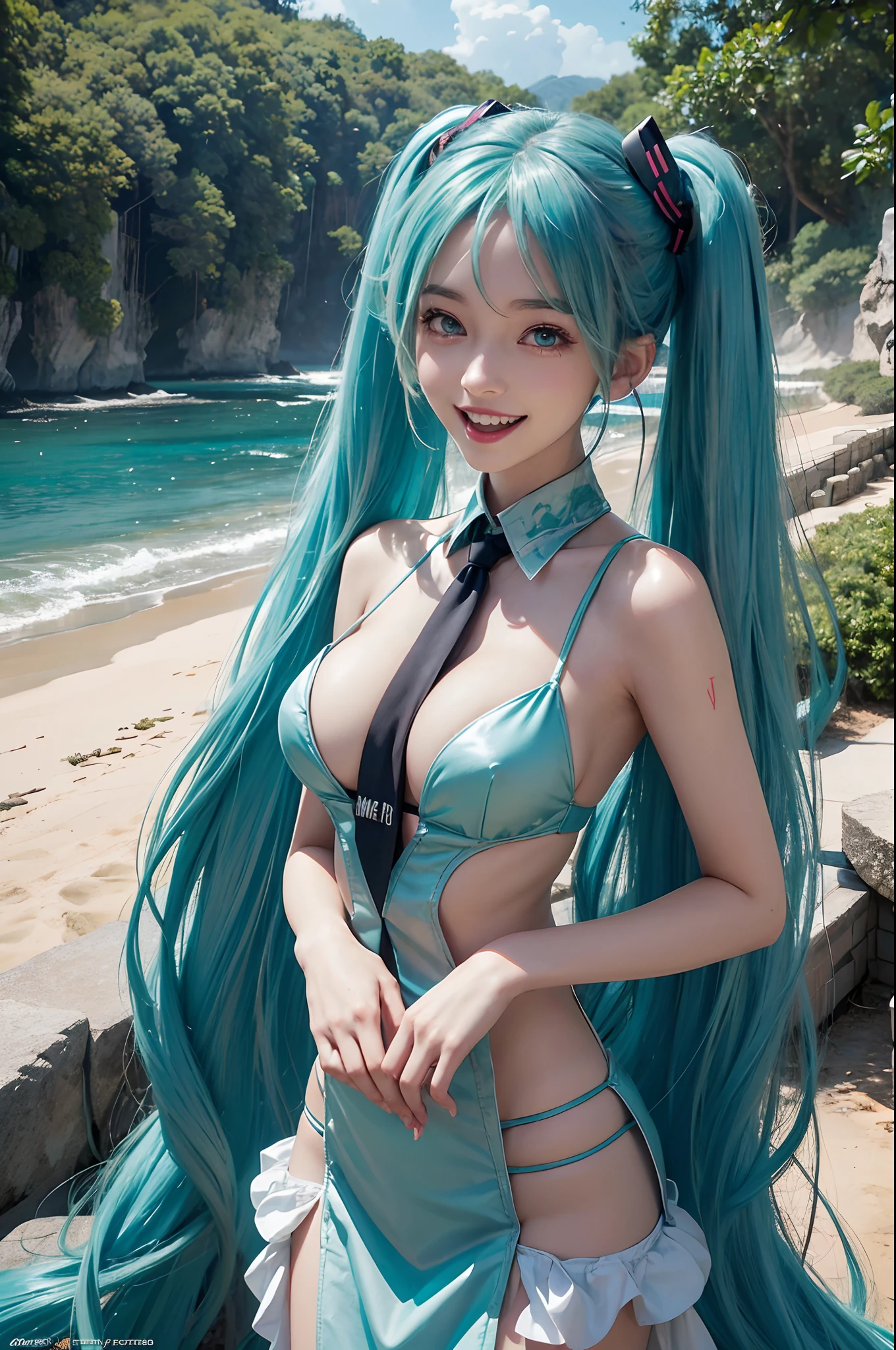 (Hatsune Miku character), Tosca hair color, Long two-tailed hair with ponies, Looking at the view, Eyes on the landscape, Smile (Big smile), (Open mouth), Full body photo, 10 year old girl, Perfect body, Perfect anatomy, Tosca eye color, Double eyelids, Huge breasts, cleavage,Close-up shot