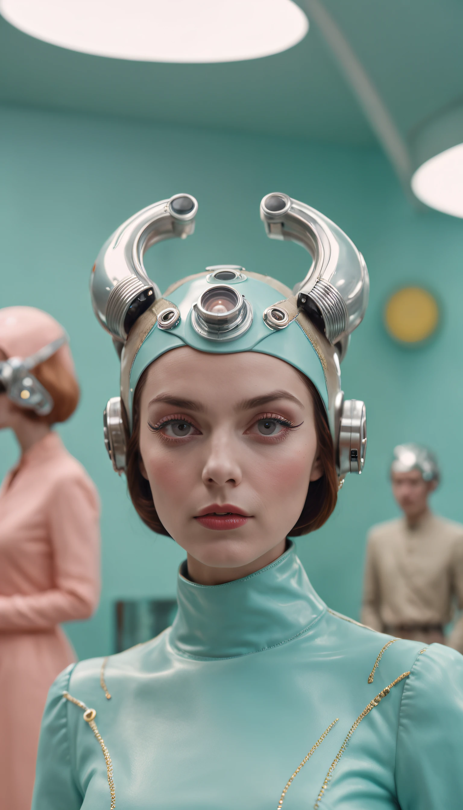 8k portrait of a 1960s science fiction film by Wes Anderson, pastel cores, rosa, amarelo, azul, verde, There are people wearing strange futuristic chameleon masks and wearing extravagant retro fashion outfits and men and women wearing alien makeup and old ornaments with mechanical pets in the cafeteria, Luz Natural, Psicodelia, futurista estranho, fotorrealista, hiper detalhado, foco nítido, Intrinsic, Fuji filmes 55mm,