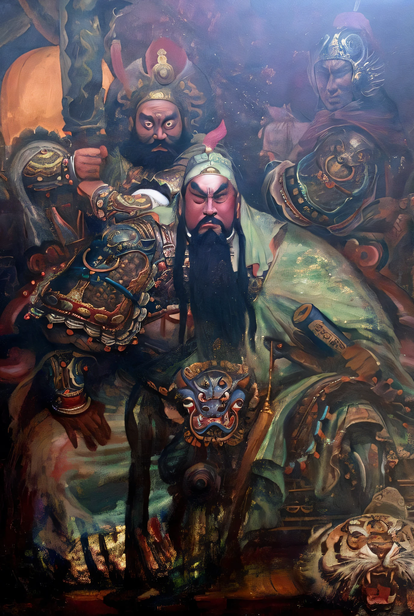 painting of a group of men with masks and a beard, by Li Di, by Li Kan, by Wen Boren, guan yu, chinese three kingdoms, by Li Zai, by Sheng Maoye, bian lian, by Liu Jue, from three kingdoms, by Ni Yuanlu, by Cheng Zhengkui, by Zhang Wo, bo xun ling