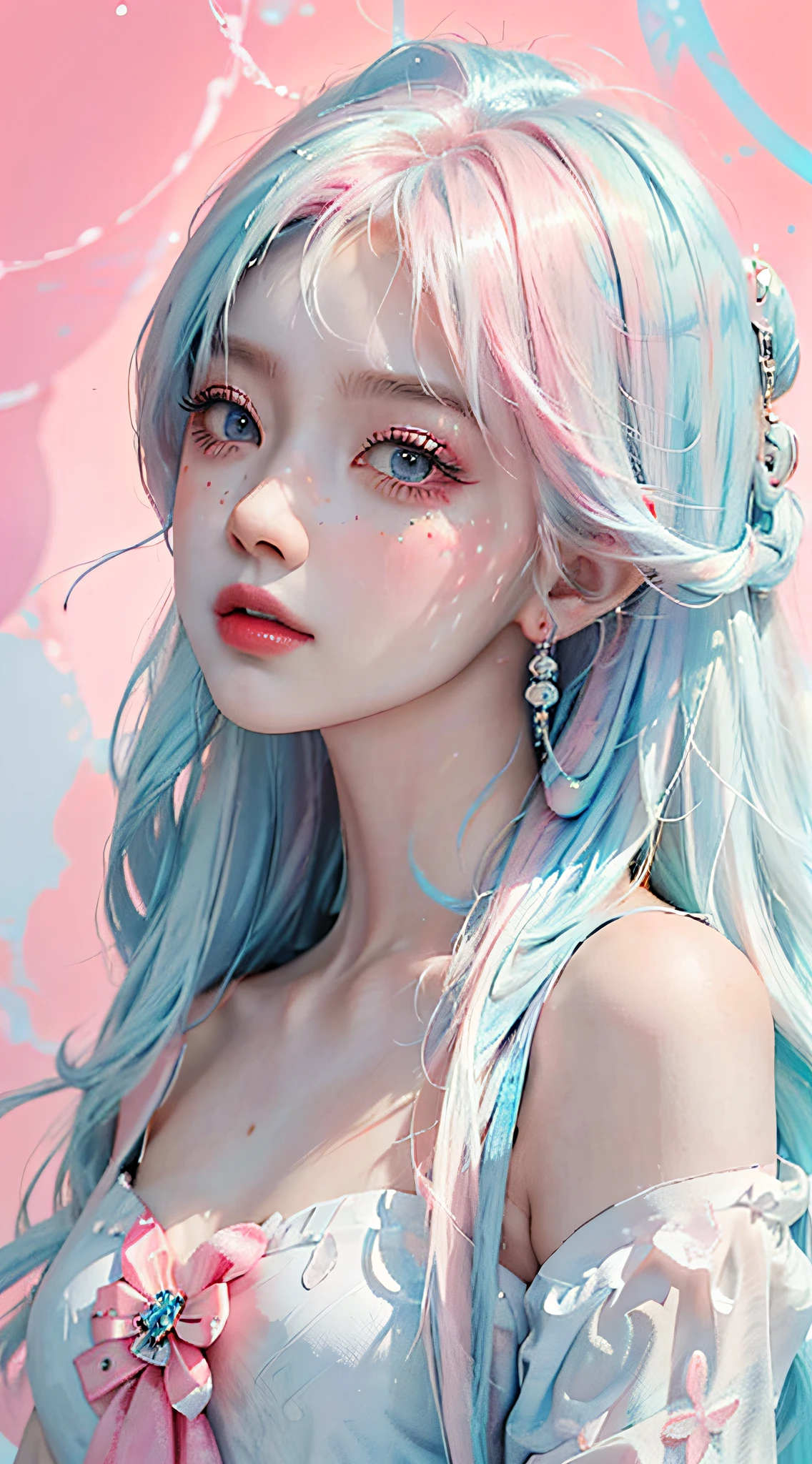 （tmasterpiece、best qualtiy、A high resolution），white backgrounid，Acrylic paints，（（splash of color，Splash ink、Color splattering）），Sweet Chinese girl，light blue long hair，[light blues|Pink big breasts]the hair，curlies，glitters，Pink lips，White color blouse，frontage，The upper part of the body，Petite