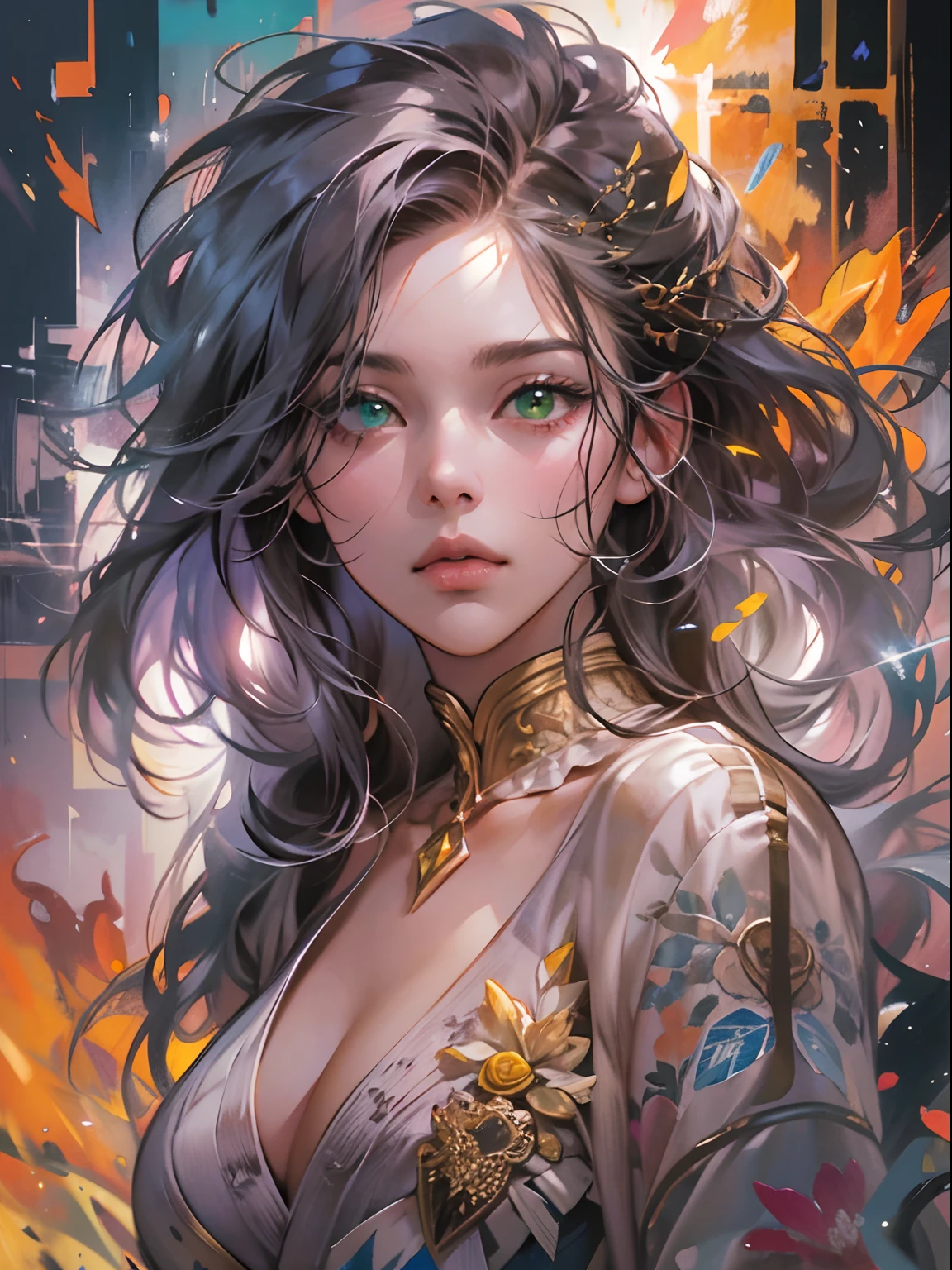 Beautiful woman with super detailed long hair, (Beautiful and light background: 1.2),, fantastic paintings, in graffiti style, florals, highly detailed eye, t-shirt or dress,There is a white shirt underneath, Location, cabelos preto e longos, Colorful stained glass windows, fantastic paintings by joe madureira, high high quality, photore, The art of adhesives, beautiful woman carol nakamura with long hair, liberta, seele, Digital illustration, Manhwa Style, perfect anatomia, concentrating, nearing perfection, dynamics, highly detailed, watercolor paiting, art stations, concept-art, lisses, foco nítido, illustratio, art by Carne Griffiths and Wadim Kashin,,Anime girl poses alone, short pastel hair, Heterochromia, perfect anatomia, concentrating, nearing perfection, dynamics, highly detailed, character sheets, art stations, concept-art, lisses, foco nítido, illustratio, art by kim jung gi,, Art germ, carne griffiths and wadim kashin , Sasha Yakovleva, loish, Jeremy Mann, Full body shooting party dress, character sheets, Lightning Wave, Beautiful paintings in watercolor anime, Ink dripping author:Tim Okamura, Victor Nizovtsev, greg rutkovsky, Noah Bradley. Trend at Artstation, 8K, tmasterpiece, graffiti painting, finedetail, extremely colorful, intricately details, Gold aspect ratio illustration, monochrome green background, tmasterpiece, best qualityer, high high quality, A high resolution, best qualityer, high resolution fix, bright amazing lighting, Detail Enhancement, Detail Enhancement, Various movements and postures, best qualityer, high high quality, A high resolution, Detail Enhancement, 4K, tmasterpiece, A high resolution, absurderes, natural volumetric lighting and better shadows, depth of fields, foco nítido