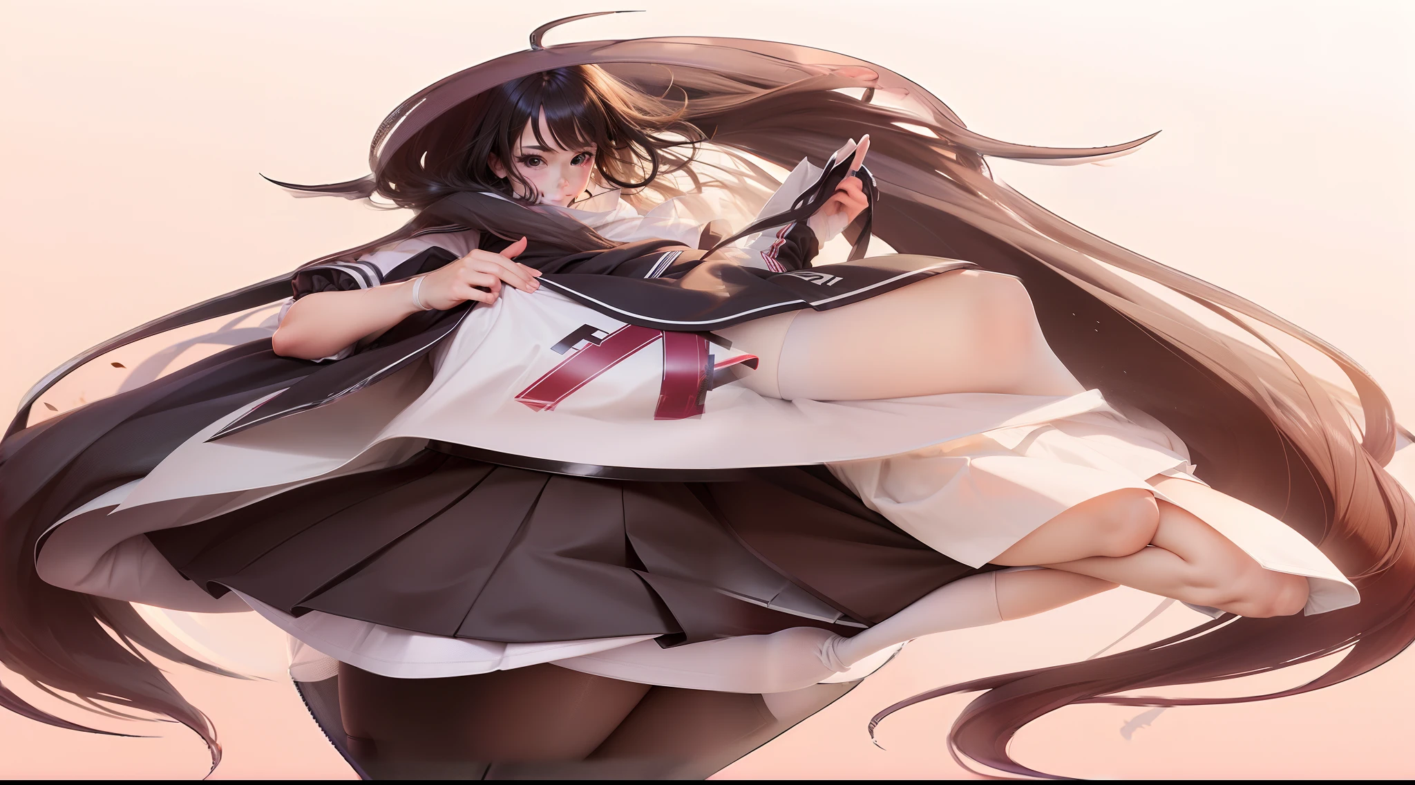 Wearing white stockings,Smile slightly,The skirt was blown up by the wind