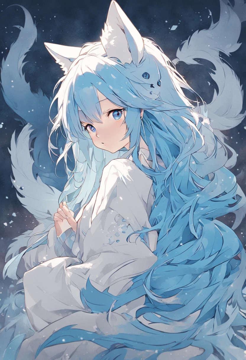 (White background:1.4),(The face of the girl's head, Eyes open, blue long hair,White fox ears，There are nine fluffy fox tails， Oriental elements)，(Chinese illustration:1.3，paper art:1.3, Quilted paper art:1.2),( reasonable design, Clear lines, High sharpness,Best quality, Very detailed, Masterpiece, movie light effect, 4K )