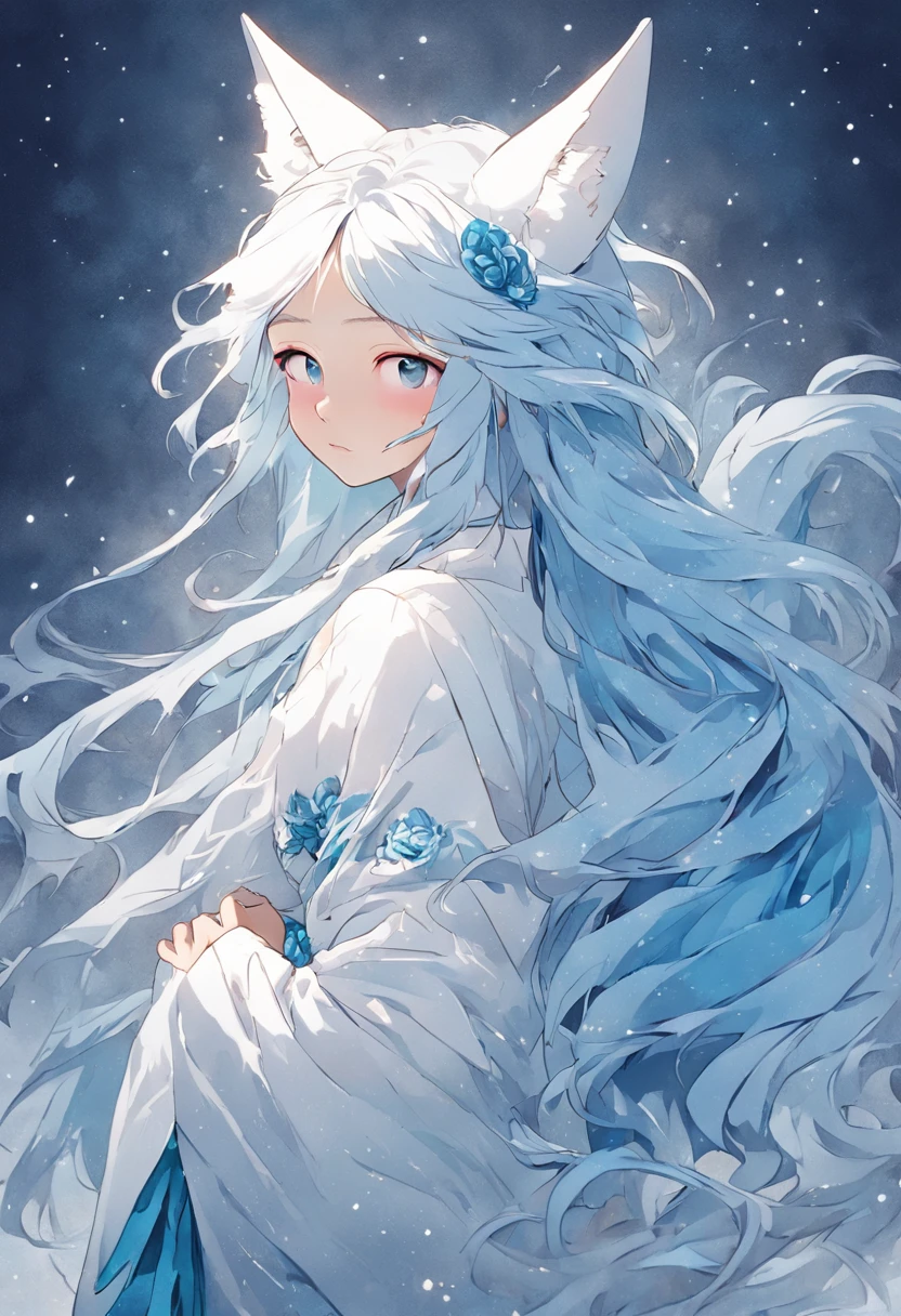 (White background:1.4),(The face of the girl's head, Eyes open, blue long hair,White fox ears,There are nine fluffy fox tails, Oriental elements),(Chinese illustration:1.3,paper art:1.3, Quilted paper art:1.2),( reasonable design, Clear lines, High sharpness,Best quality, Very detailed, Masterpiece, movie light effect, 4K )