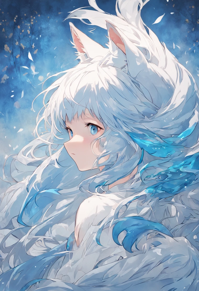 (White background:1.4),(The face of the girl's head, Eyes open, blue long hair,White fox ears，There are nine fluffy fox tails， Oriental elements)，(Chinese illustration:1.3，paper art:1.3, Quilted paper art:1.2),( reasonable design, Clear lines, High sharpness,Best quality, Very detailed, Masterpiece, movie light effect, 4K )