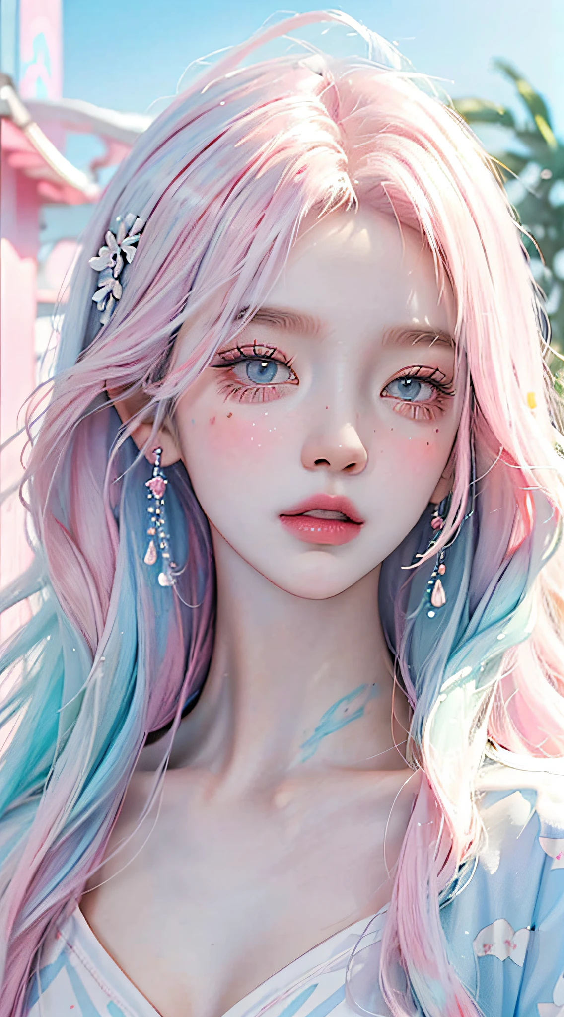 （tmasterpiece、best qualtiy、A high resolution），white backgrounid，Acrylic paints，（（splash of color，Splash ink、Color splattering）），Sweet Chinese girl，light blue long hair，[light blues|Pink big breasts]the hair，curlies，glitters，Pink lips，White color blouse，frontage，The upper part of the body，Petite