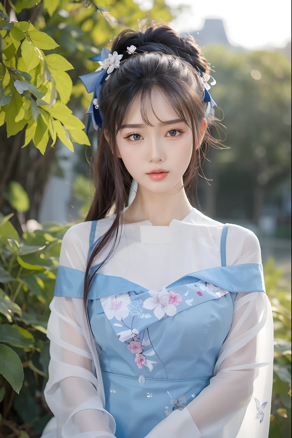 a close up of a woman in a blue dress posing for a picture, gorgeous chinese models, Chinese girl, Hanfu, Traditional beauty, Ethereal beauty, Beautiful Asian girl, Very beautiful girl, cute delicate face, dilraba dilmurat, Palace , A girl in Hanfu, White Hanfu, with acient chinese clothes