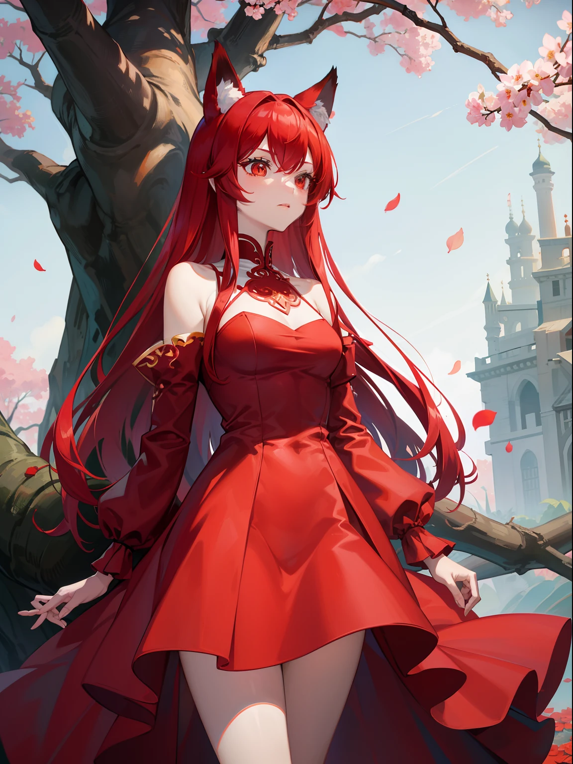 Fox Demon Little Red Lady,Tu Shan red red,Standing under the giant tree of bitterness and looking up at the giant tree of bitterness,The petals fell in the wind,The wind lifted the red dress