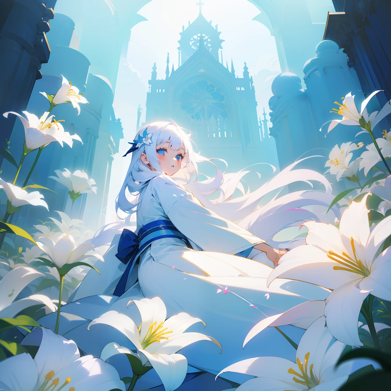 (Beautifully Aesthetic:1.2)、(1girl in:1.3)、(White colorful hair:1.2)、Wearing a colorful white kimono、lily flowers、notre dame、Beautiful fece、Fantastical、Under white