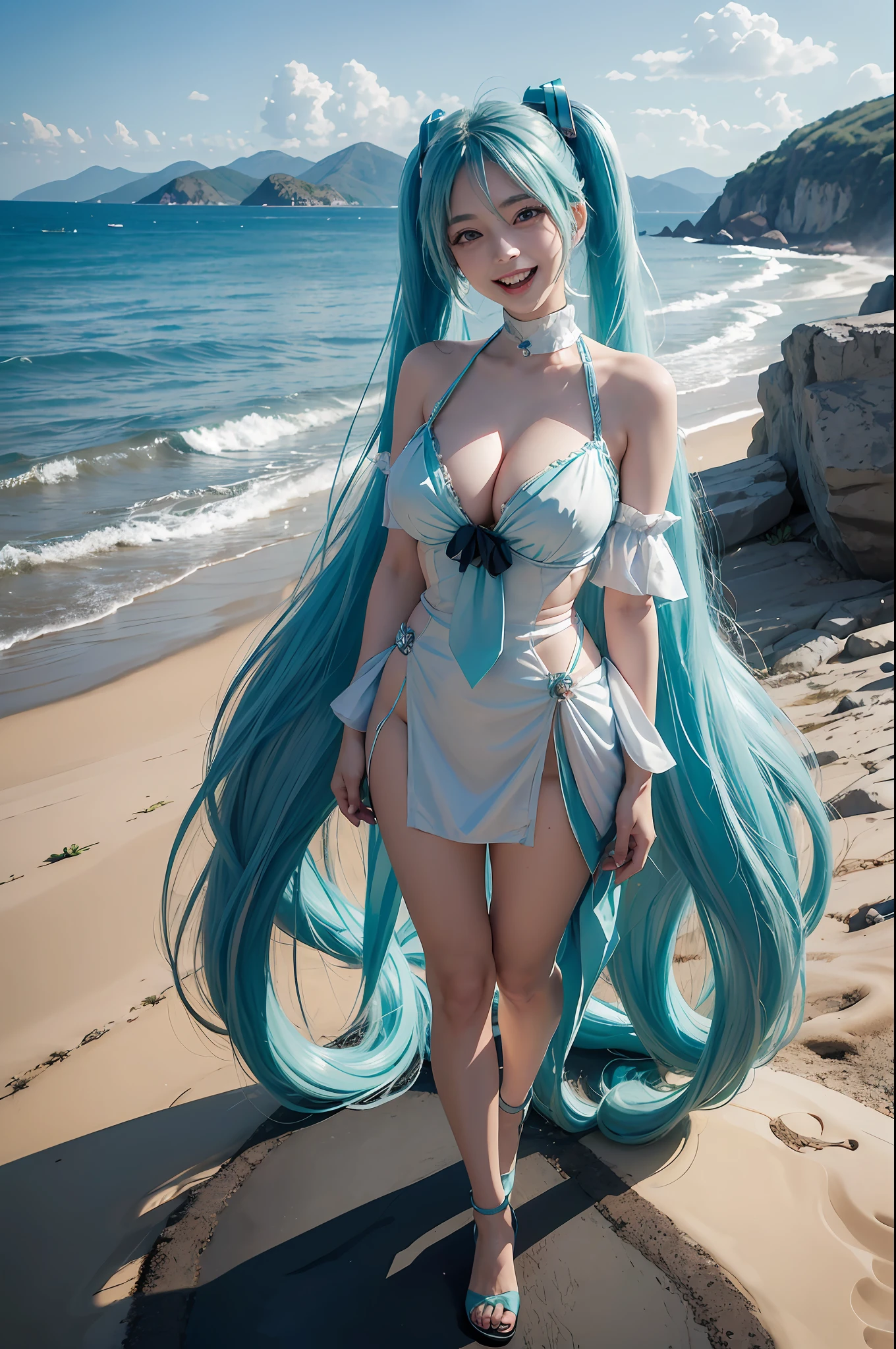 (Hatsune Miku character), Tosca hair color, Long two-tailed hair with ponies, Looking at the view, Eyes on the landscape, Smile (Big smile), (Open mouth), Full body photo, 10 year old girl, Perfect body, Perfect anatomy, Tosca eye color, Double eyelids, Huge breasts, cleavage，Close-up shot