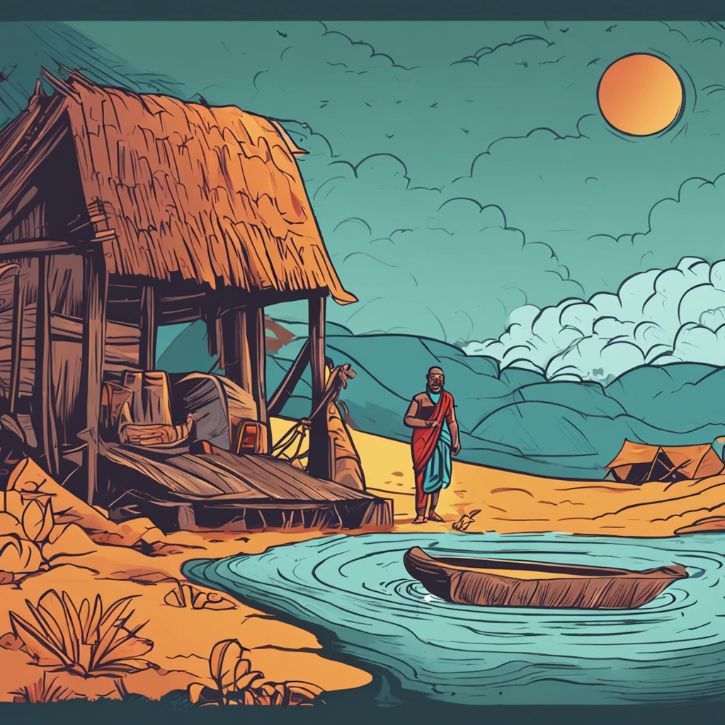 Sant Tukaram was the one who first gave farmers loan forgiveness. So in the scene he is drowning the loan papers of farmers in river & rest all people are watching him, High Quality, 4k, hd, high resoulation, vector, multy color, colorful