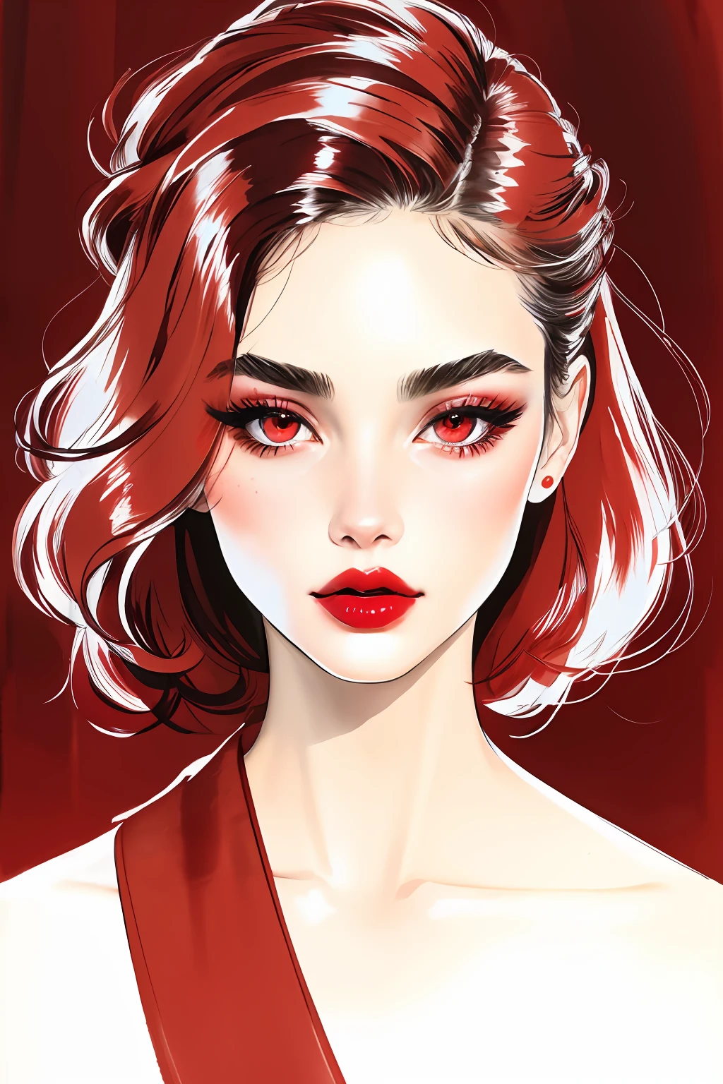 bissett, Illustration, ink watercolor, Background red, , 
1girl in, Solo, Simple background, Background red, signature, Beautiful red lips, Eyelashes, makeup, Traditional Media, lip stick, eyeshadows, Eye focus,Upbank Hairstyles、