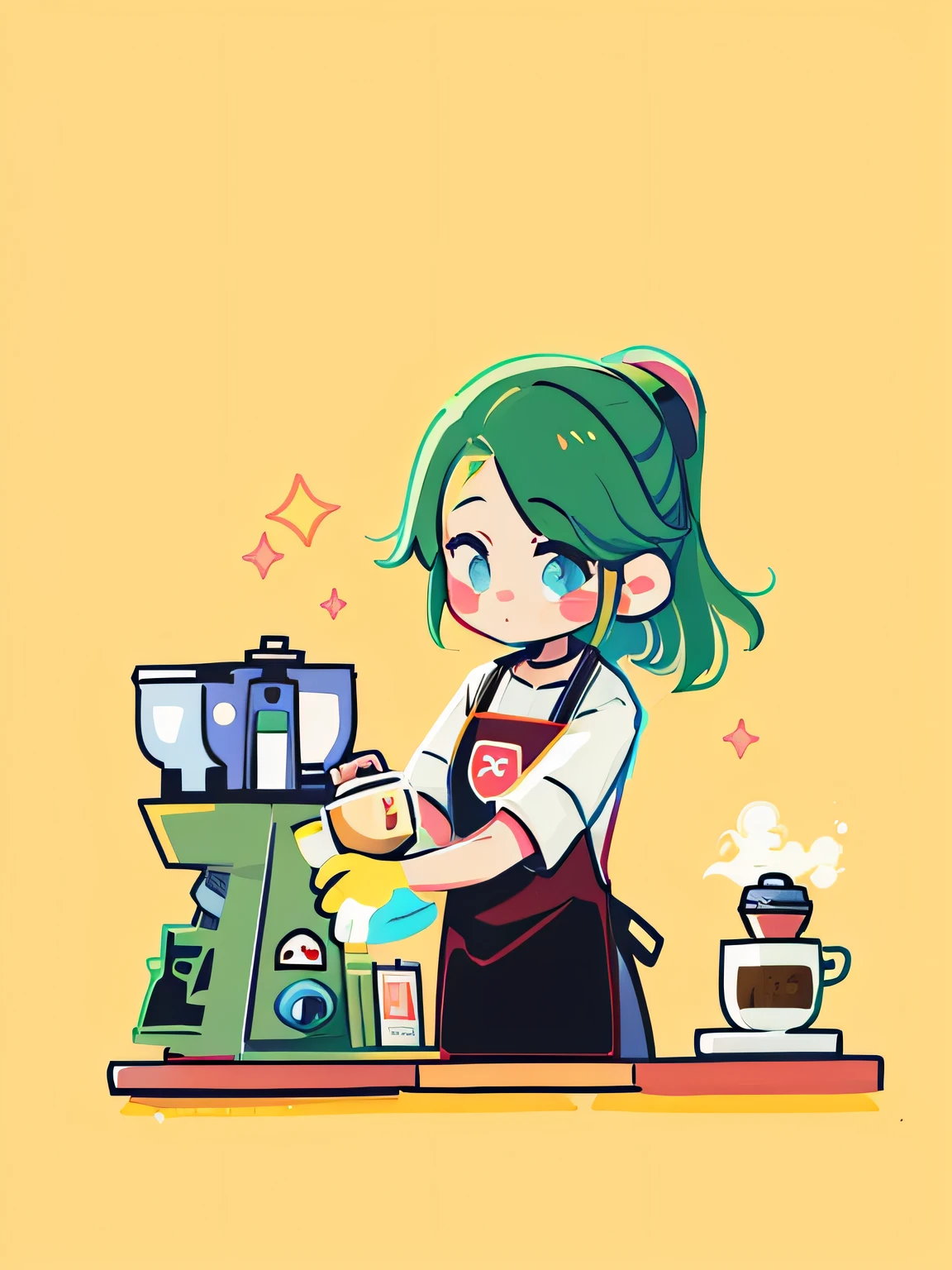 Cartoon girl Barry serves coffee at a coffee shop, mysterious coffee shop girl, Cooking, lofi-girl, Cafe, cafe shop, High-quality fanart, tatsumaki, pouring, ( Waitress ) Girl, 🪔 🎨;🌞🌄, Thanos as a Starbucks barista, loputyn and matcha, official fanart, lovely art style, author：Master of Han Chinese