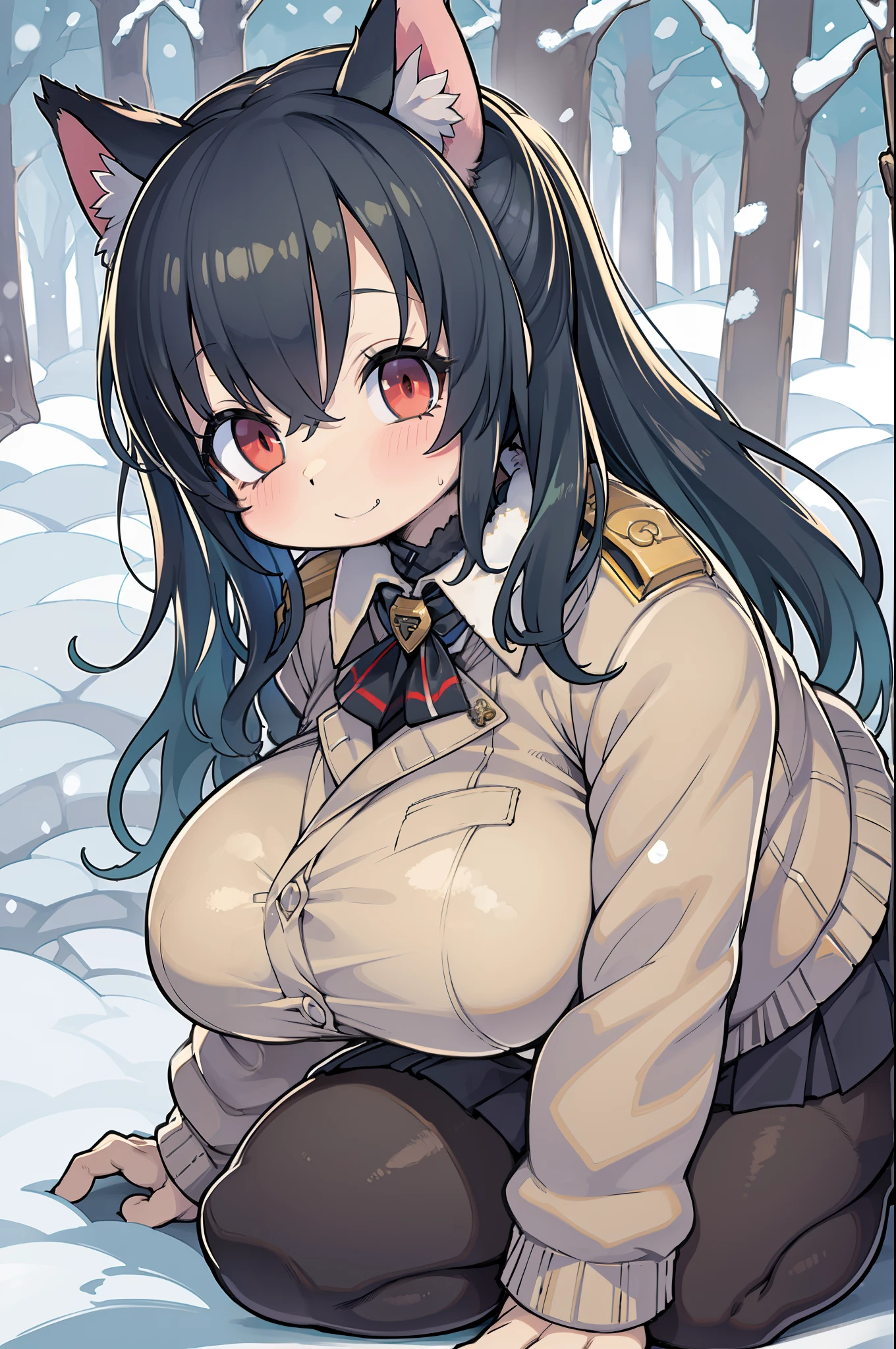 snowy forest, Black hair, Cat ears, Cat Girl, Red Eyes, Kneeling, Nazi officer uniform, Nazi, Germany, Black Officer Uniform,huge-breasted