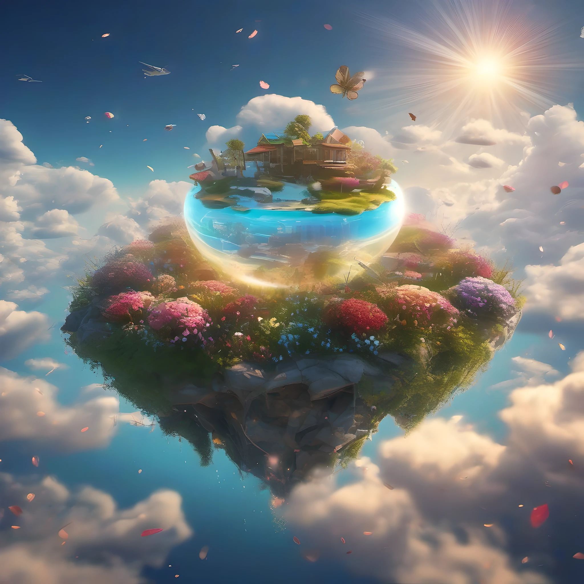 ccurate, best quality, masterpiece, UHD, high details, award winning, (Amazing:2.0), (Surrealism), Conceptual art, Verism, cinematic lighting, floating island in the sky, (((beautiful flower garden))), the garden floats in the sky, Horizon, blue sky, paradise scenery, flowers, wind flow, (((fantasy))), frontier, (magnificent space), blurry foreground, bokeh, Hasselblad, lens flare, beautiful school girl, (17 yr old), ((((full body)))), from behind, she moving, without looking at me, (((wearing school uniform))), black eyes, black hair, (floating hair), ((8 life size)), detailed hairstyles, detailed bodyline, anatomically correct, cute face, ((accurately portray her)),