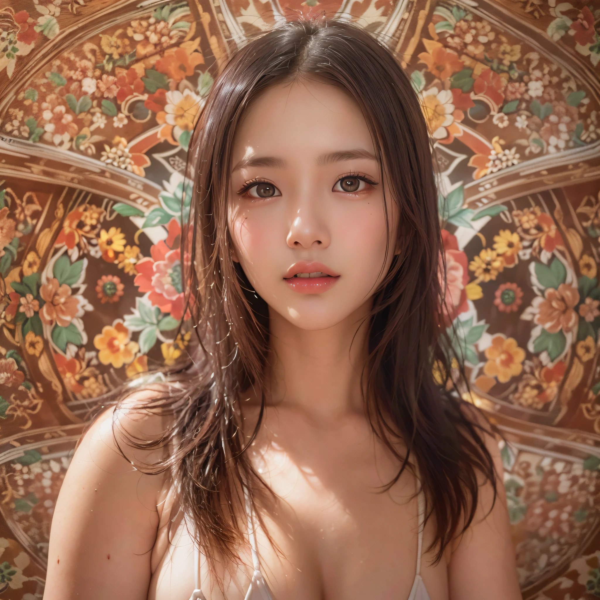 (Background, symmetrical, Compositions with coloful geometric arabesque patterns):1.3, (fullbody:1.3), (poneyTail, dark brown hair), (top-quality, Photorealsitic:1.4, masterpiece:1.3, RAW Photography:1.2, cinematric light, very detailed illustration), (1woman:1.3, solo), (asian girl, ultra delicate face, ultra Beautiful fece, ultra delicate eyes, ultra detailed nouse, ultra detailed mouth, ultra detailed facial features), petite woman, (white micro-bikini), (medium breast:1.3), from the front side, skiny, lipgloss, Show cleavage, (50mm Sigma f/1.4 Zeiss Lens, f1.4, 1/800s, ISO 100, Photo: 1.1)