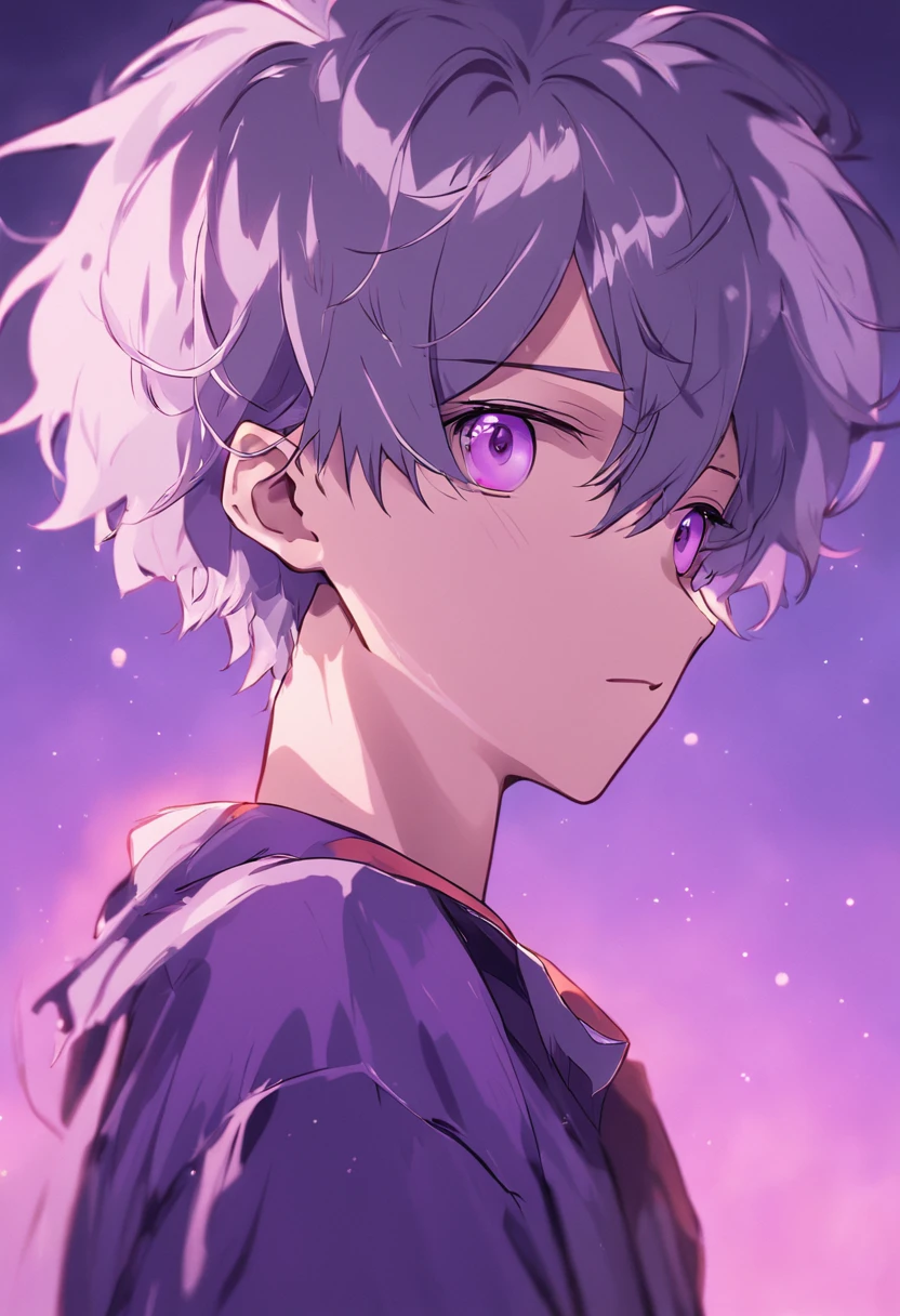 (16-year-old boy:1.2) with gray hair, wearing a stylish cow print shirt, and captivating purple eyes.