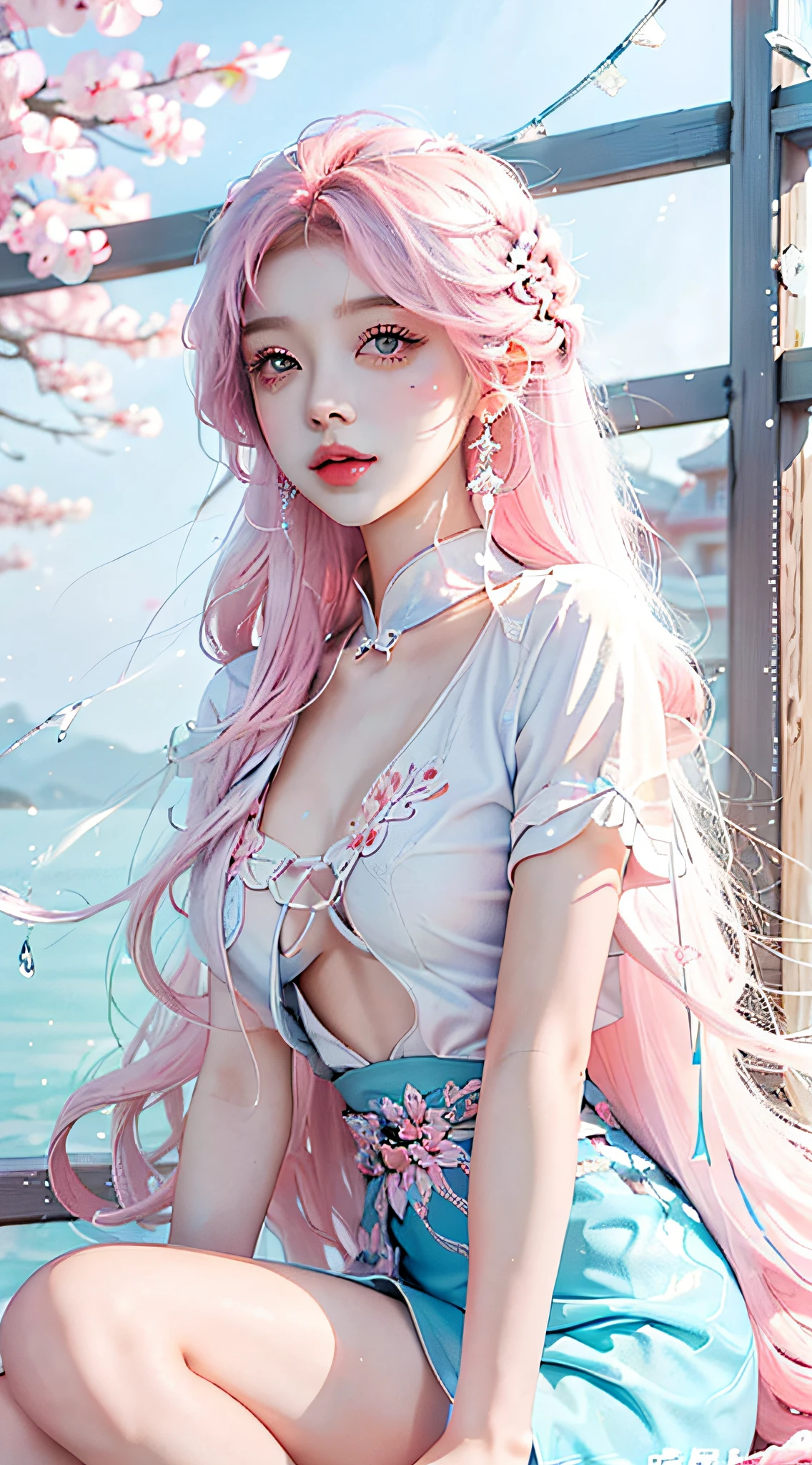（tmasterpiece、best qualtiy、A high resolution），white backgrounid，Acrylic paints，（（splash of color，Splash ink、Color splattering）），Sweet Chinese girl，light blue long hair，[light blues|Pink big breasts]the hair，curlies，glitters，Pink lips，White color blouse，frontage，Above the legs
