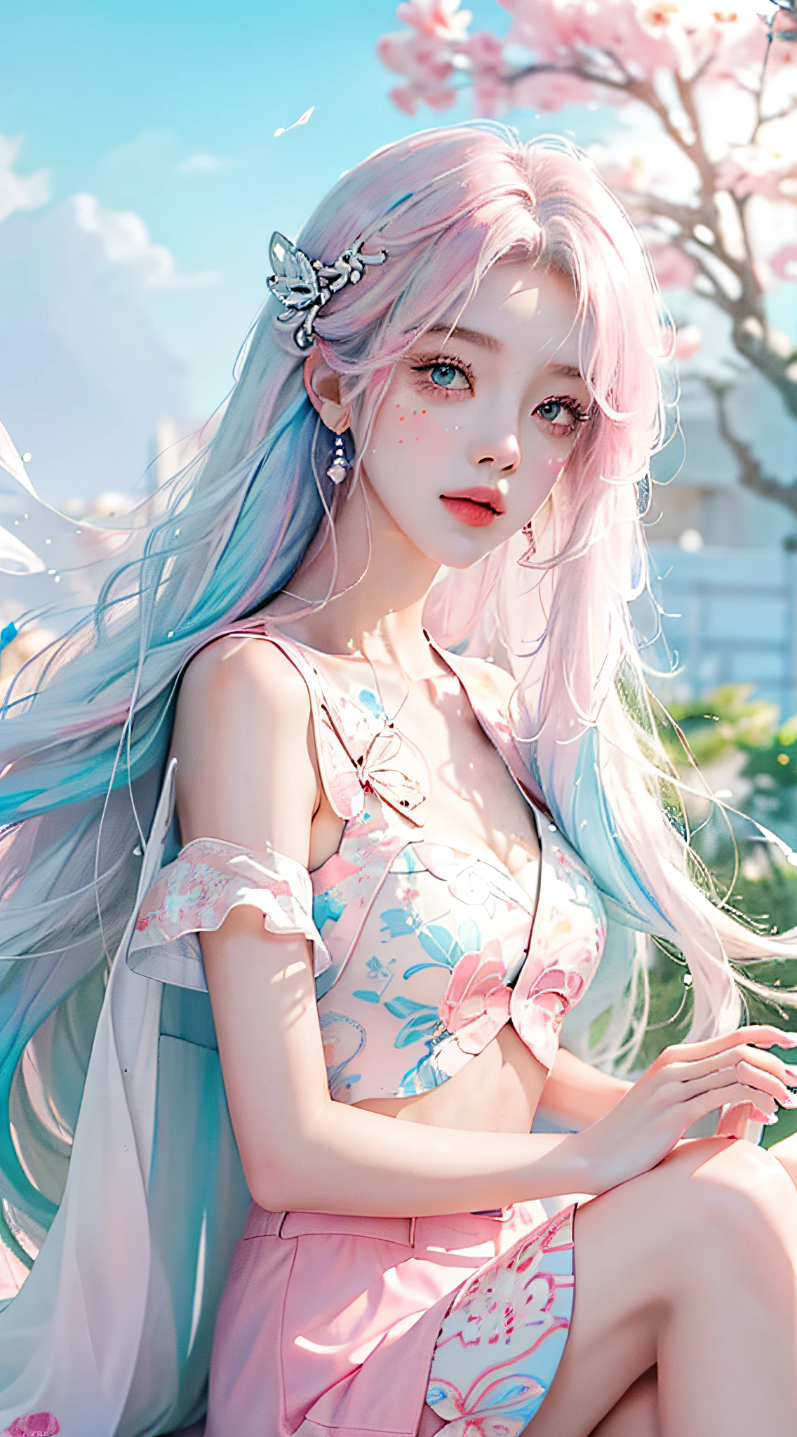 （tmasterpiece、best qualtiy、A high resolution），white backgrounid，Acrylic paints，（（splash of color，Splash ink、Color splattering）），Sweet Chinese girl，light blue long hair，[light blues|Pink big breasts]the hair，curlies，glitters，Pink lips，White color blouse，frontage，Above the legs