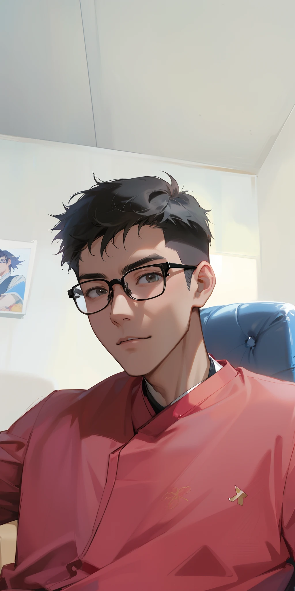 there is a man with glasses sitting in a chair with a remote, 2 7 years old, 2 8 years old, ren heng, yanjun chengt, 2 3 years old, 2 2 years old, stanley artgem lau, 2 9 years old, 21 years old, liang xing, xintong chen, with glasses, leng jun