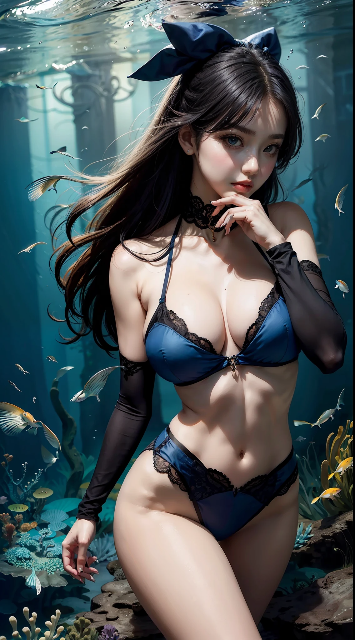  coreana de 25 anos，1个Giant Breast Girl，meninapo， Mergulho， s o rosto perfeito， Olhos eBlue， renda，  mergulhar，deep underwater，Shuixia，quebrar，tons de azul，(((cercado de peixes)))