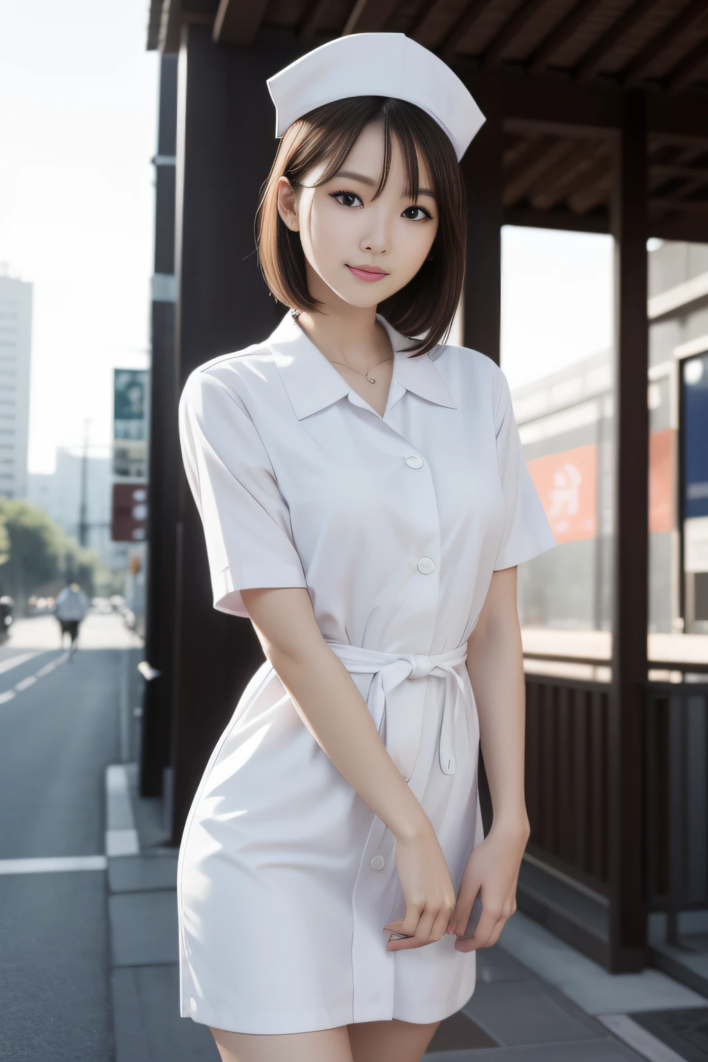 Best Quality、masutepiece、超A high resolution、(Photorealistic:1.4)、(Thin eyebrows:0.2)、(thin lipss:0.8)、(small nose:0.8)、Appearance without makeup、run、japanes、24-year-old woman、Nurse、Nurse Cap、Collared dress、Nurse Shoes、Brown hair、short-hair、Smile、(the perfect body:1.2)、dynamicposes、(small nipple:0.7)、Big breasts、Urban background、By Michelangelo、ulzzang -6500-v1.1