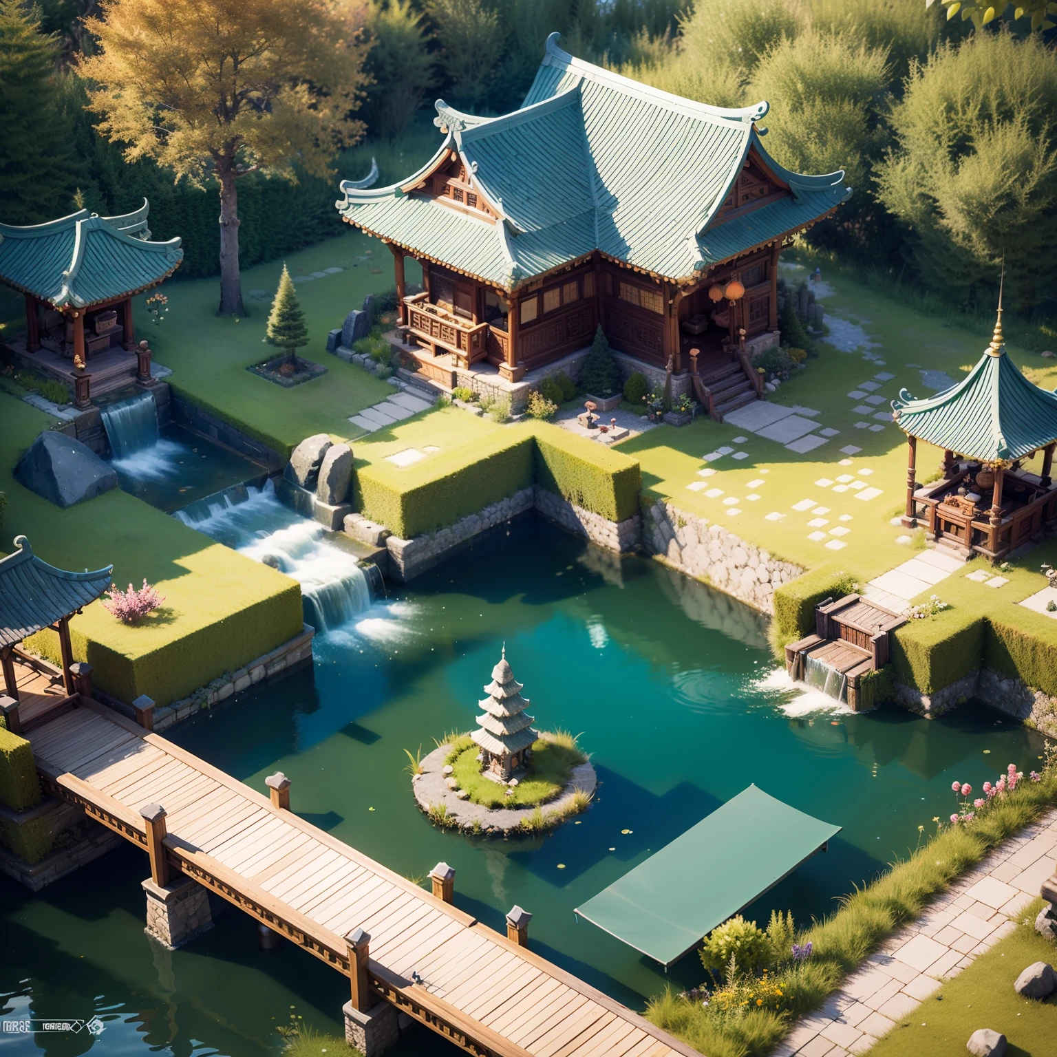 Fluffy，3d cartoon game scene，Isometric architecture，Chinese vice-palace，trpical garden，pools of water，Rockery，lotuses，small bridges，OC renderer，super-fine，Detailed portrayal，Accurate，8K，