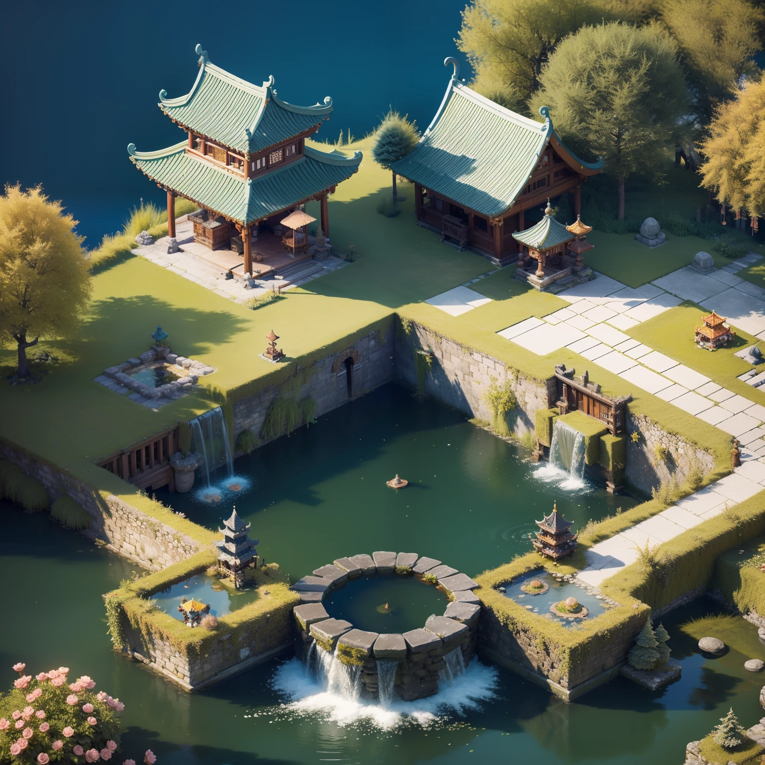 Fluffy，3d cartoon game scene，Isometric architecture，Chinese vice-palace，trpical garden，pools of water，Rockery，lotuses，small bridges，OC renderer，super-fine，Detailed portrayal，Accurate，8K，