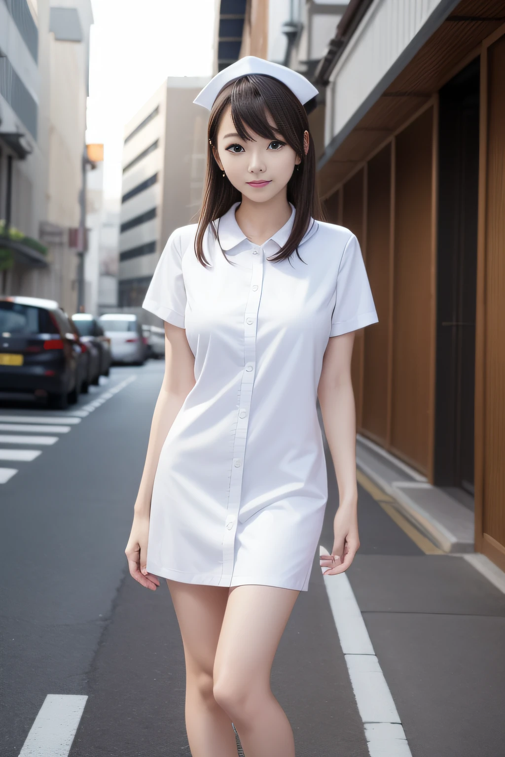 Best Quality、masutepiece、超A high resolution、(Photorealistic:1.4)、(Thin eyebrows:0.2)、(thin lipss:0.8)、(small nose:0.8)、Appearance without makeup、run、japanes、24-year-old woman、Nurse、Nurse Cap、collared dress、Nurse Shoes、Brown hair、short-hair、Smile、(the perfect body:1.2)、dynamicposes、(small nipple:0.7)、Big breasts、Urban background、By Michelangelo、ulzzang -6500-v1.1