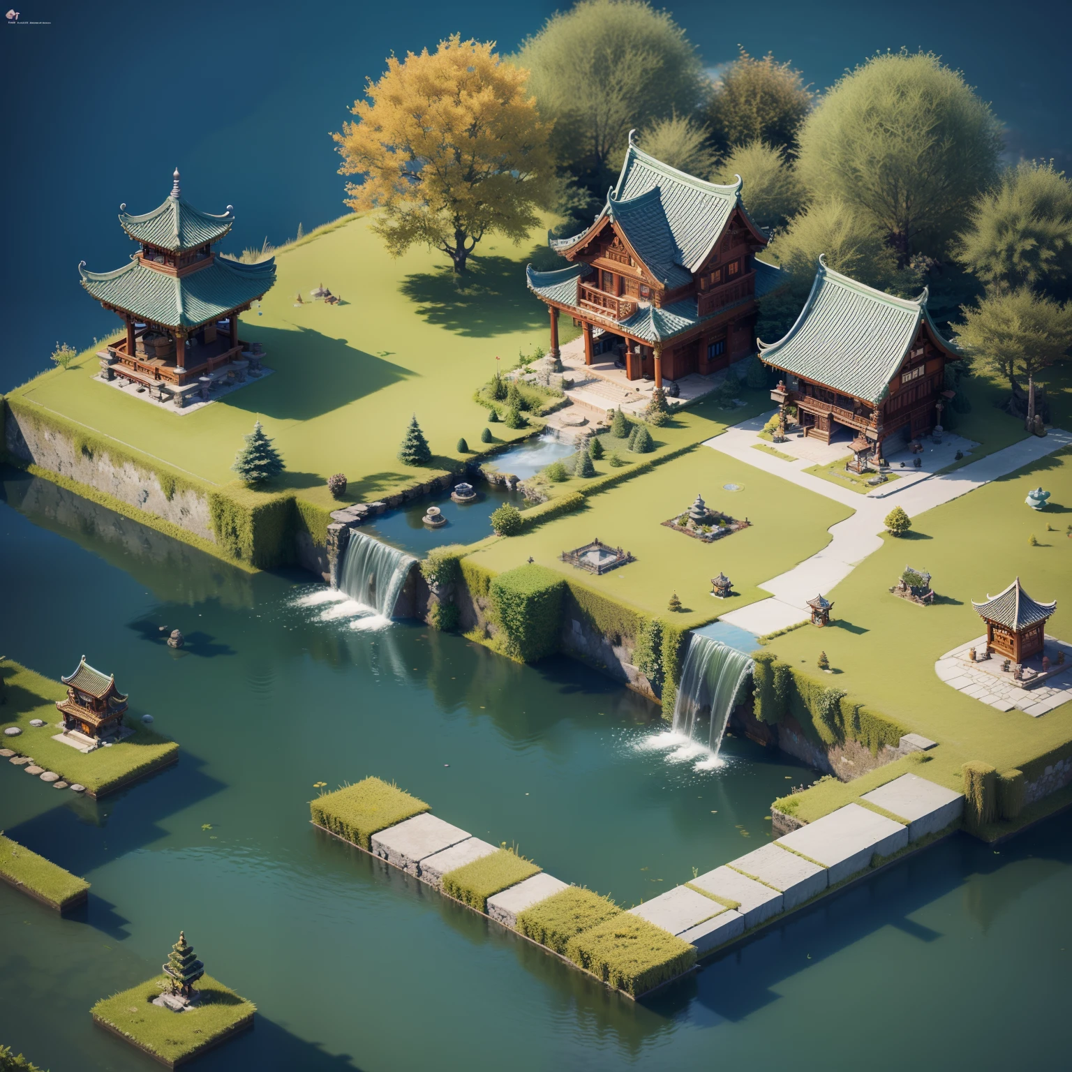 Fluffy，3d cartoon game scene，Isometric architecture，Chinese vice-palace，trpical garden，pools of water，Rockery，lotuses，small bridges，OC renderer，super-fine，Detailed portrayal，Accurate，8K，