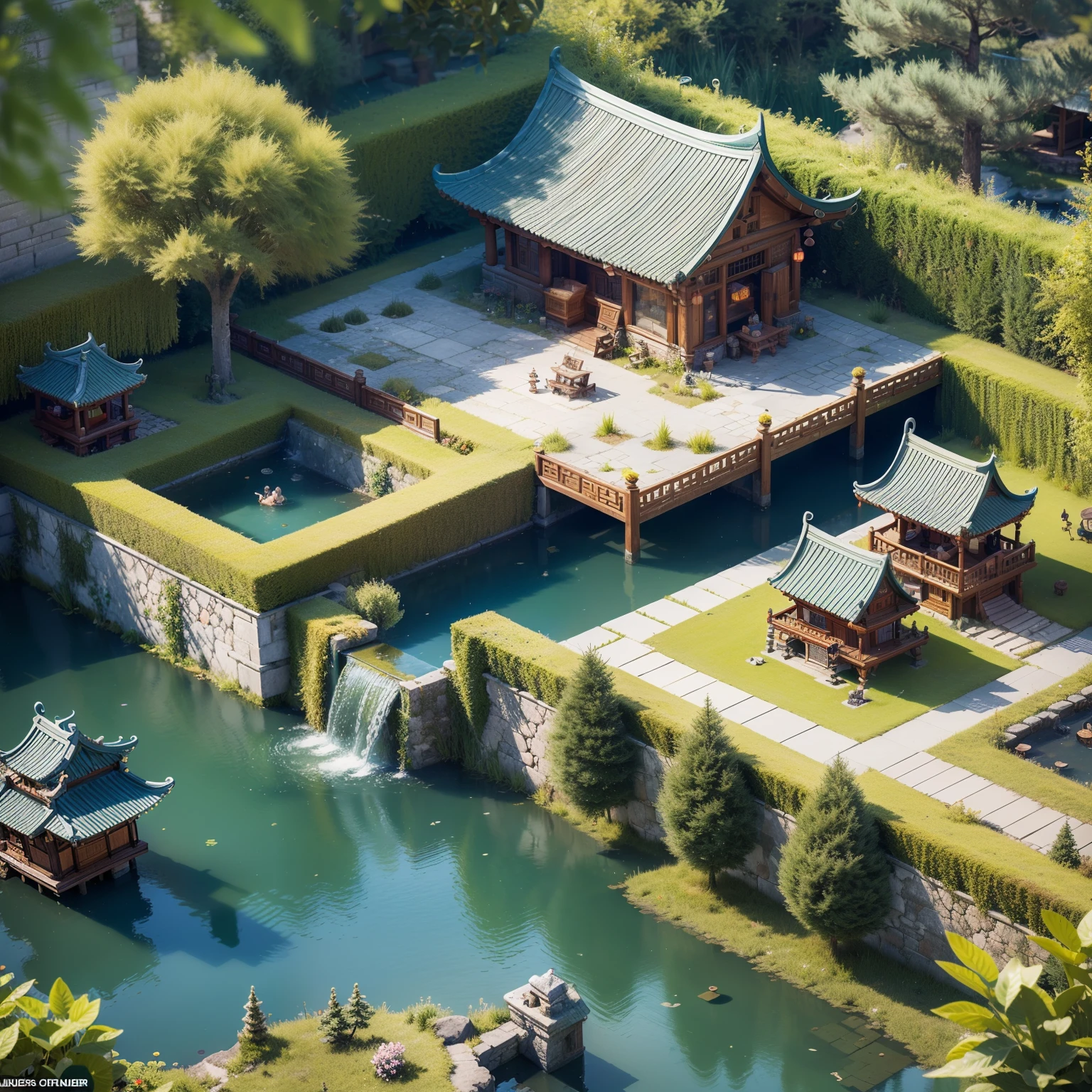 Fluffy，3d cartoon game scene，Isometric architecture，Chinese vice-palace，trpical garden，pools of water，Rockery，lotuses，small bridges，OC renderer，super-fine，Detailed portrayal，Accurate，8K，