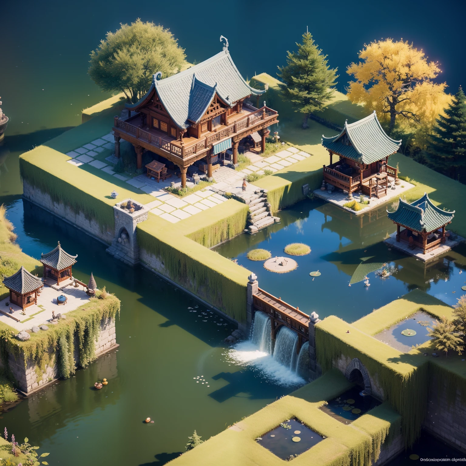 Fluffy，3d cartoon game scene，Isometric architecture，Chinese vice-palace，trpical garden，pools of water，Rockery，lotuses，small bridges，OC renderer，super-fine，Detailed portrayal，Accurate，8K，