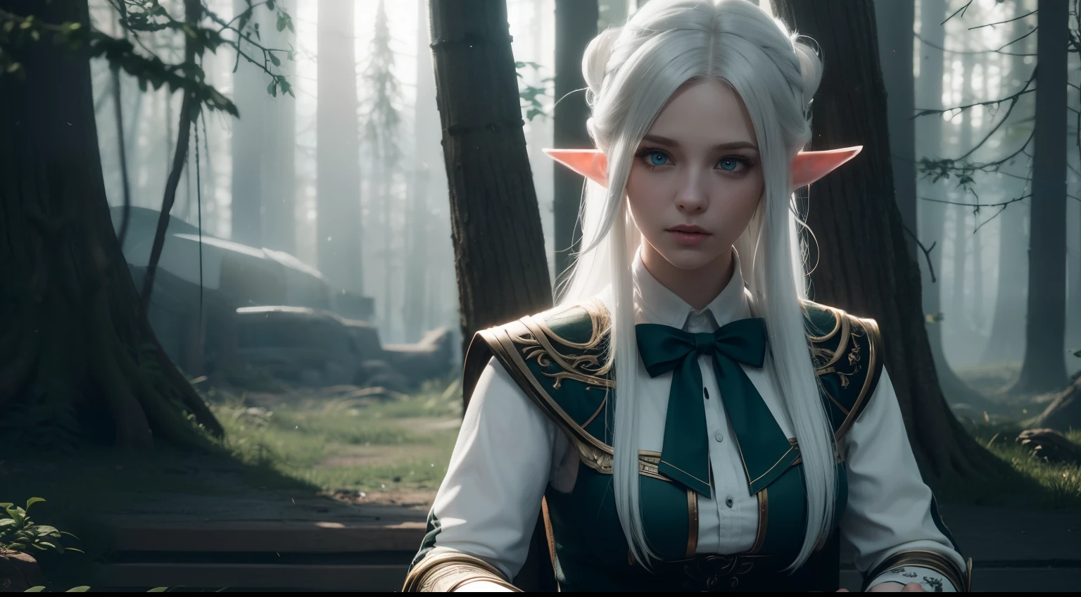 Duo: Elf ( white colored hair, Green eyes ) (((aims from the bow at the camera ))) ( Worried: 1,3 ) , Elf ( white colored hair, Cyan eyes ) sits running away with stolen items, vibe ( With Skyrim in the background, woods ) ( letho ) ( Firefly: 1,2) insane details, beautifully color-graded, Unreal engine, Depth of field, extra high resolution, megapixel, Cinematic Lightning, Smoothing, insanely detailed and intricate , Hyper maximalist, hyper realistic, volumetric, Photorealistic, ultra photorealistic, ultra- detailed, intricate details, 8K, Super detailed , Full color, voluminous lighting, HDR, Realistic, Unreal engine, 16k, sharp-focus, Octane Render, RTX. Incredibly detailed faces, Incredible fingers, Unbelievable eyes, Incredible hair, Incredible hands