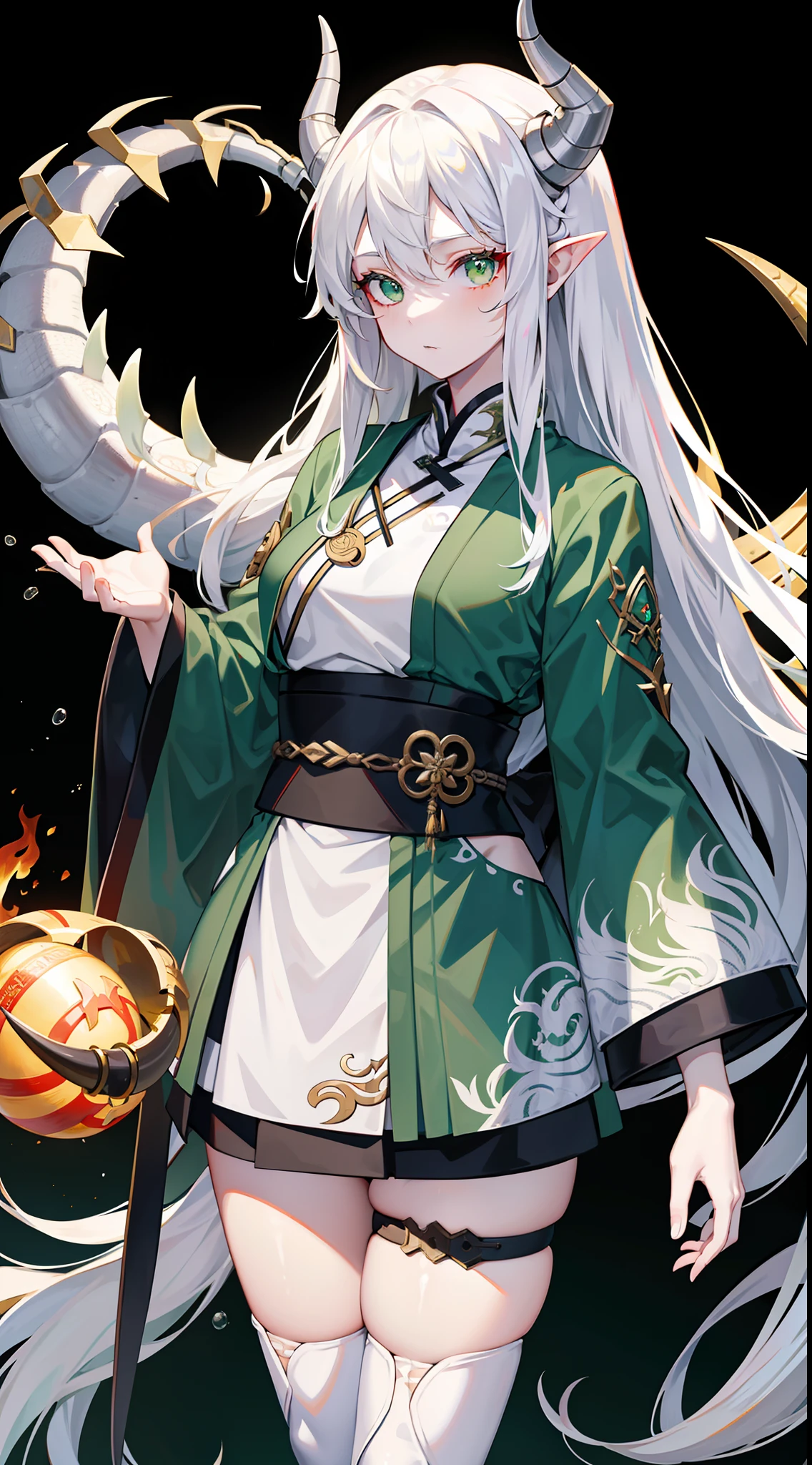 Adult girl, Long white hair, horn work, green eyes, dragon tattoo, A cyborg, hanfu, Masterpiece, hiquality