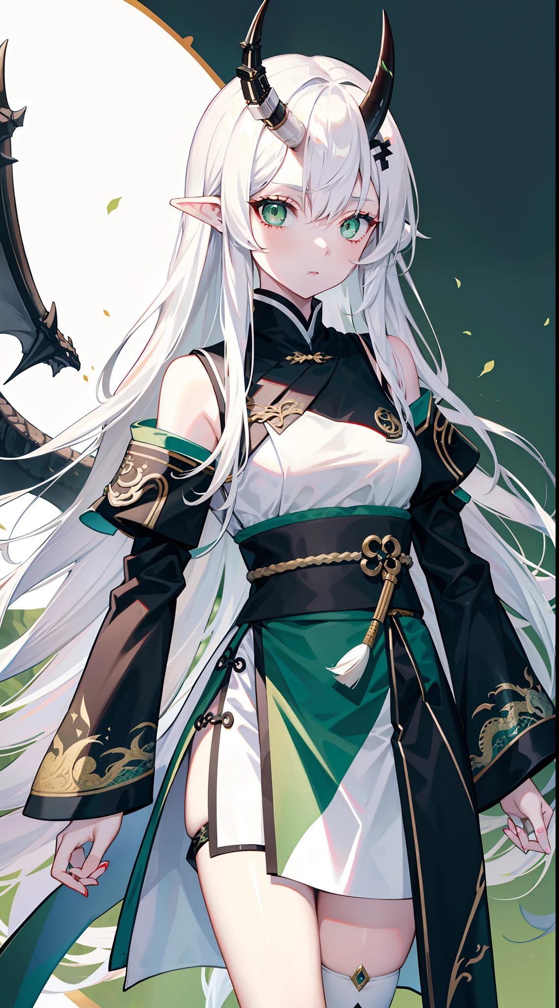 Adult girl, Long white hair, horn work, green eyes, dragon tattoo, A cyborg, hanfu, Masterpiece, hiquality