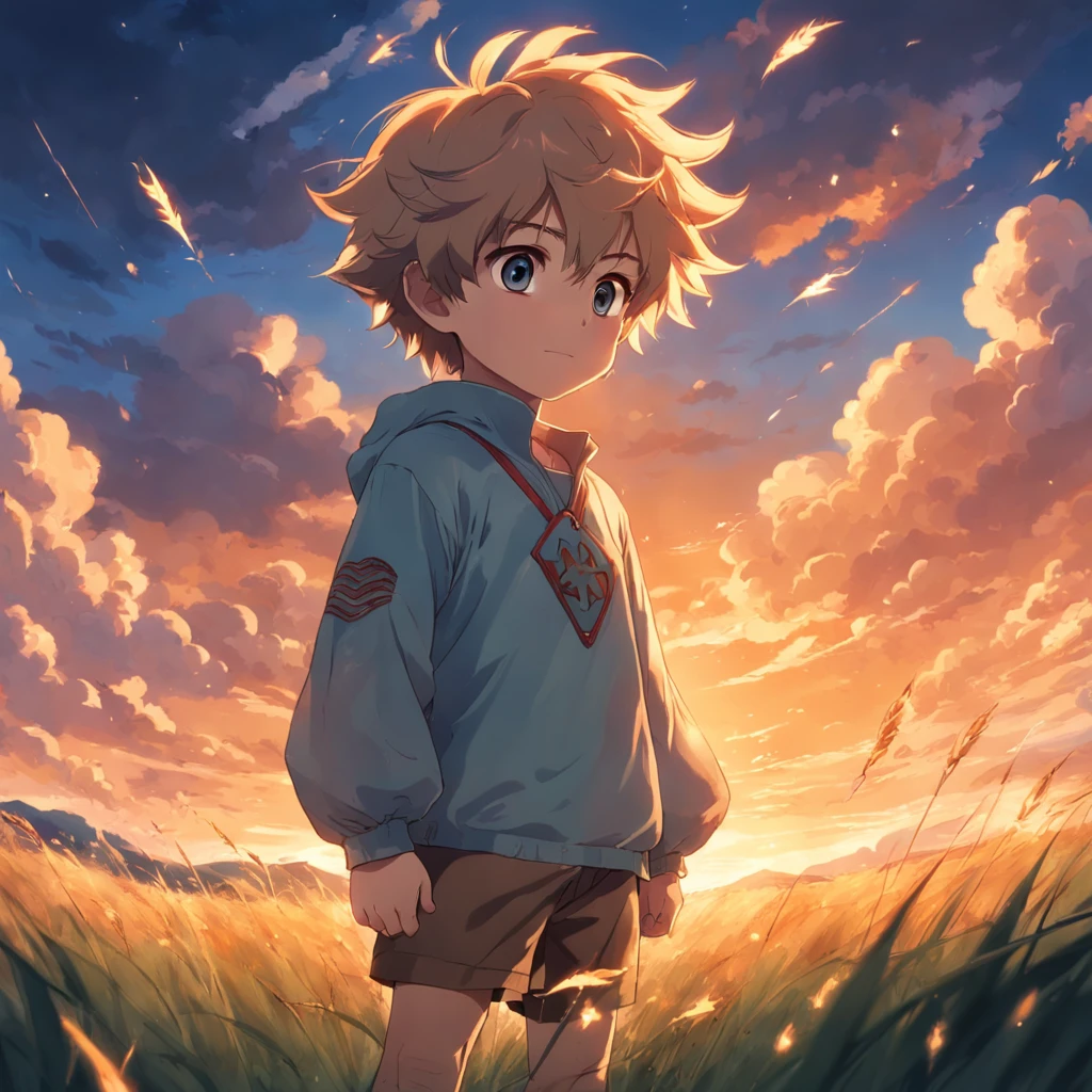 masterpiece, best quality, movie still, 1boy, cloud boy, standing in the grass field, close-up, bright, happy, warm soft lighting, sunset, (sparks:0.7)