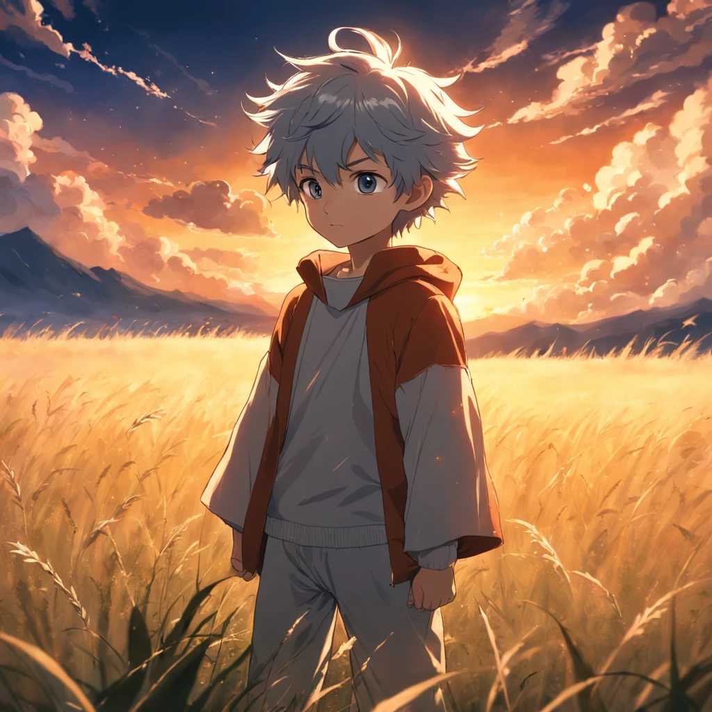 masterpiece, best quality, movie still, 1boy, cloud boy, standing in the grass field, close-up, bright, happy, warm soft lighting, sunset, (sparks:0.7)