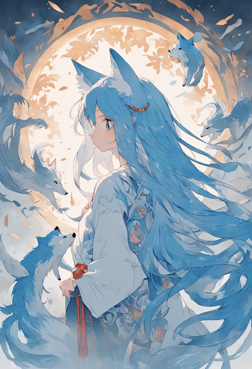 (White background:1.4),(The face of the girl's head, Eyes open, blue long hair,White fox ears，There are nine fluffy fox tails， Oriental elements)，(Chinese illustration:1.3，paper art:1.3, Quilted paper art:1.2),( reasonable design, Clear lines, High sharpness,Best quality, Very detailed, Masterpiece, movie light effect, 4K )