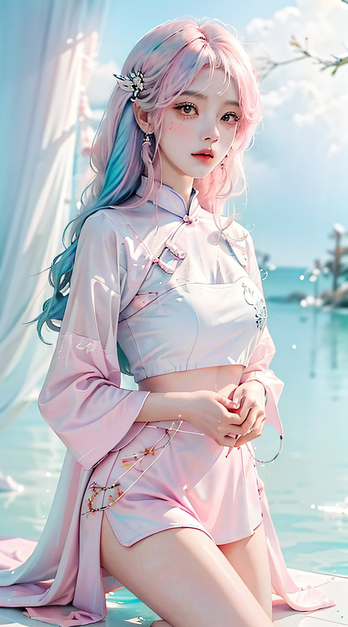 （tmasterpiece、best qualtiy、A high resolution），white backgrounid，Acrylic paints，（（splash of color，Splash ink、Color splattering）），Sweet Chinese girl，light blue long hair，[light blues|Pink big breasts]the hair，curlies，glitters，Pink lips，White color blouse，frontage，Above the legs