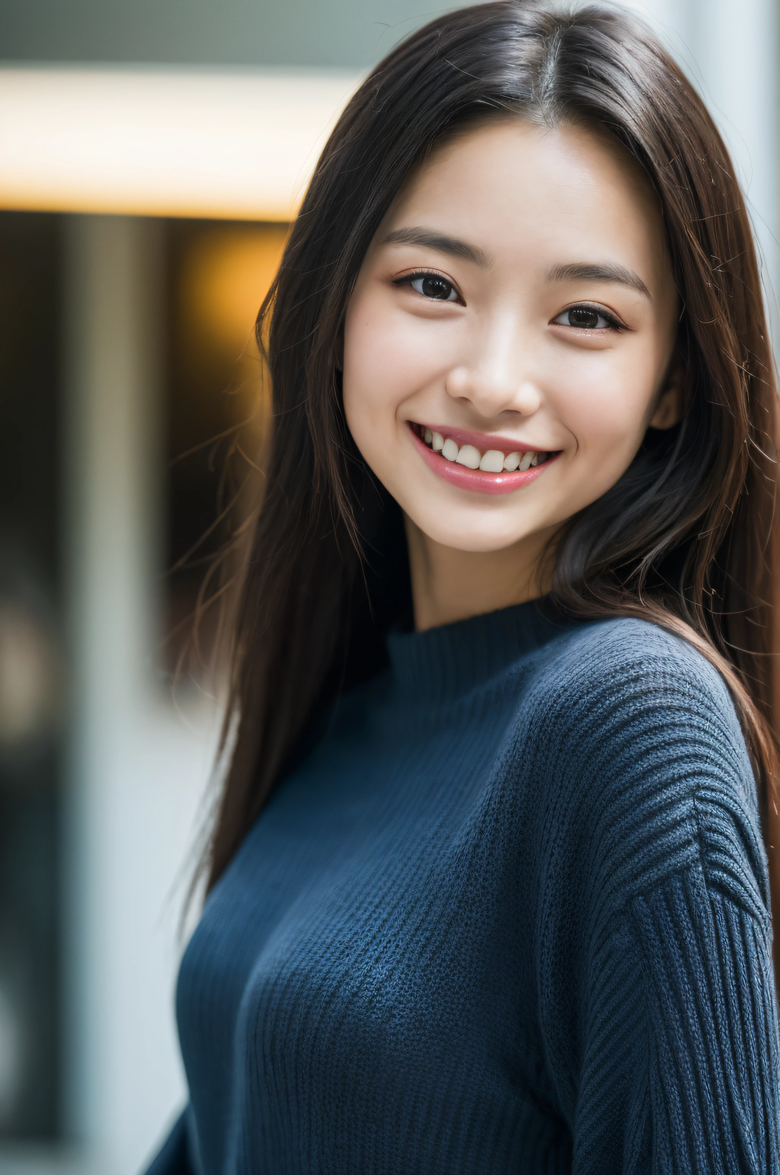 (8k, RAW photos, highest quality, high resolution:1.1), (hyperrealistic:1.4),(realistic, photorealistic:1.3), soft light,realistic face,realistic body,realistic skin,absurdity,masterpiece,(cute:1.8),(long black hair,half-up,hairpin),(big breasts:1.2),detailed black eyes,innocent eyes,drooping eyes,(smiling eyes:0.6) ,(grin:1.2),teardrop,open lips,grinning,blusher,good style,cami sweater dress,dolman sleeve sweater,cinema lights,film grain,closeup,look viewer,full body,depth of field,blurred background,eye focus,young,85mm lens, f/1.4,professional lighting,portrait,photon mapping,radiosity, physical rendering, transparency, Japan girl, day, sunny, street corner, survey