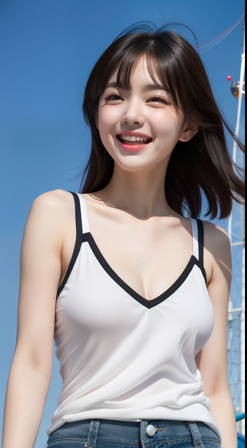 realistic photos of 1 cute Korean star, heart ahoge,  white skin, thin makeup, 32 inch breasts size, slightly smile, black v-neck tank top, shorts, in amusement park, balloon is backdrop, upper body portrait, drop shadow, high detail, UHD