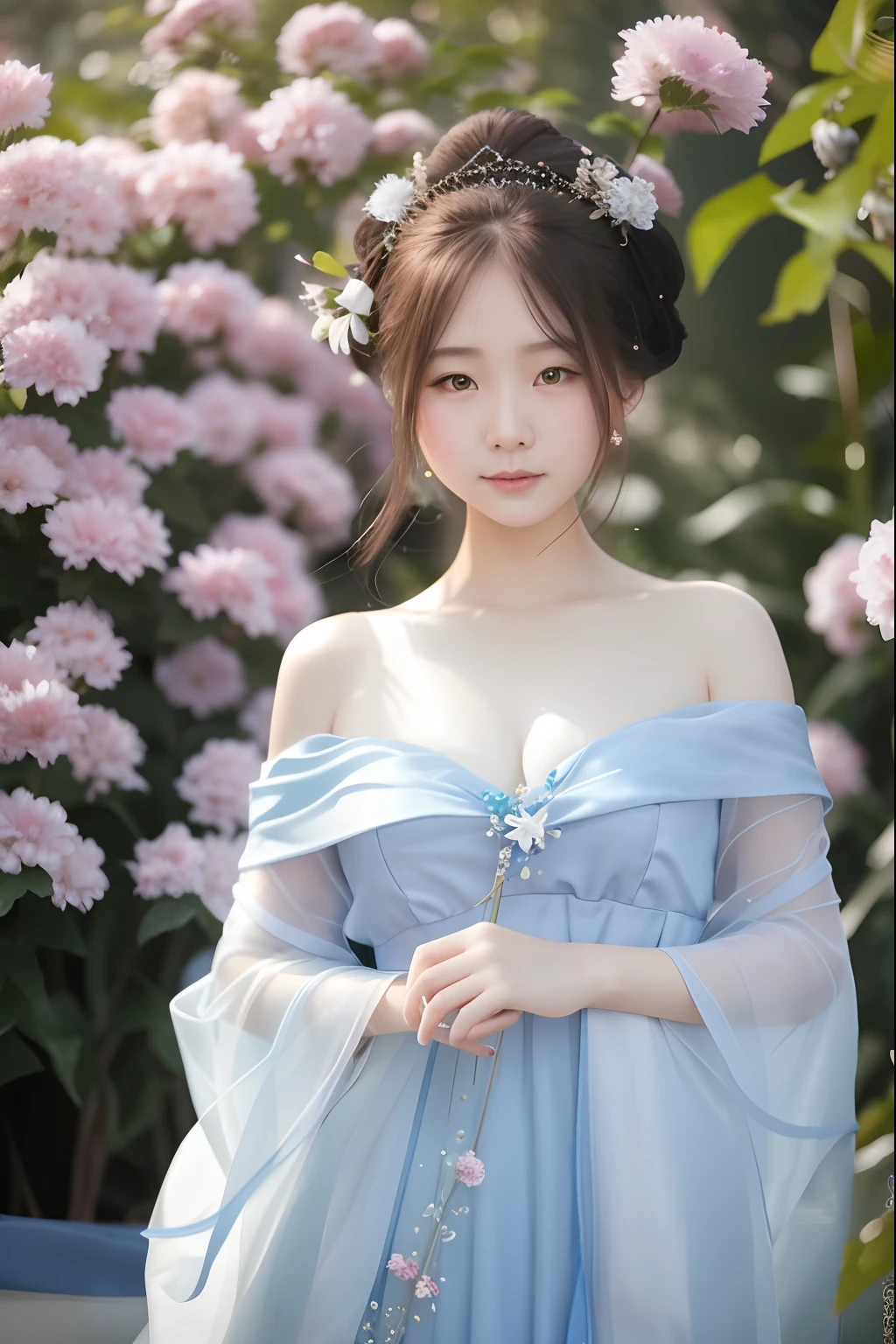 a close up of a woman in a blue dress posing for a picture, Ethereal beauty, a stunning young ethereal figure, White Hanfu, gorgeous chinese models, Hanfu, Chinese girl, Japanese goddess, beautiful age girl, Middle metaverse, Palace , A girl in Hanfu, Beautiful Asian girl, a beautiful fantasy empress, ((a beautiful fantasy empress))