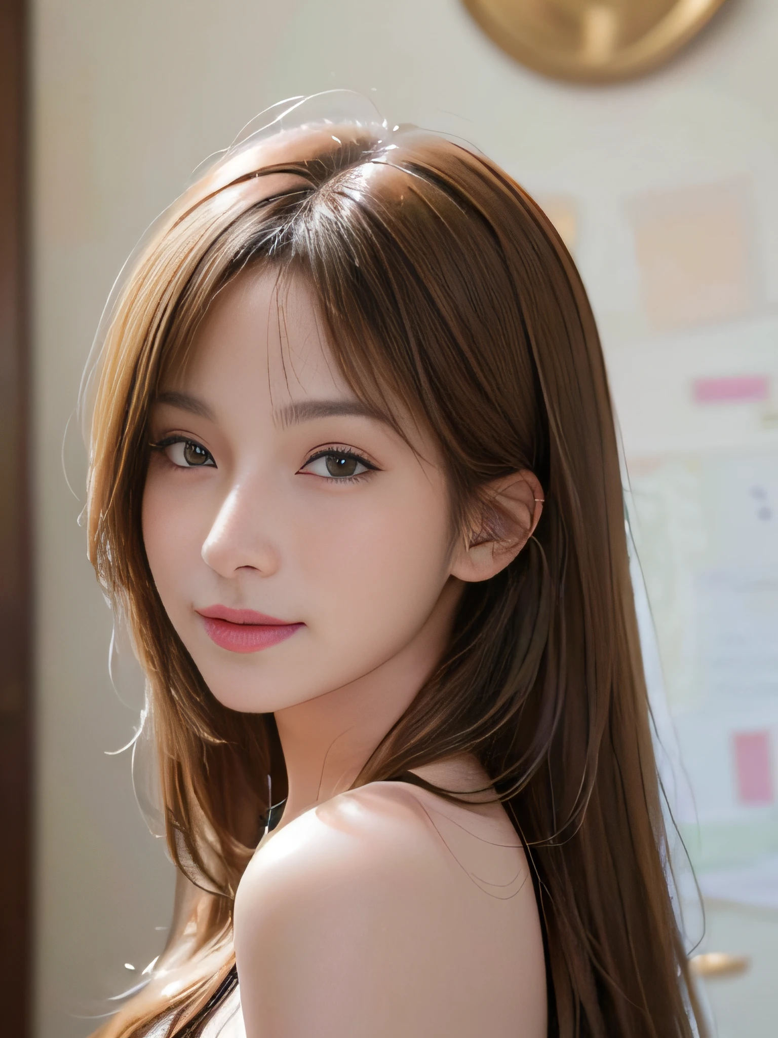 Masterpiece, best picture quality, high quality, beautiful woman, Japanese, 20-year-old, lovely, cute, detailed, swollen eyes, detailed eyes, detailed skin, beautiful skin, ultra high resolution, (reality: 1.4),very beautiful, beautiful skin, slender, (ultra realistic), (high resolution), (8K), (very detailed) (best illustration), (beautifully detailed eyes), (super detailed), (wallpaper), (detailed face), fine details, detailed face, smiling, looking straight ahead, looking straight ahead, angle from waist up, realistic photo, bright lighting, professional lighting, dark brown hair, long hair, long stylish bangs,