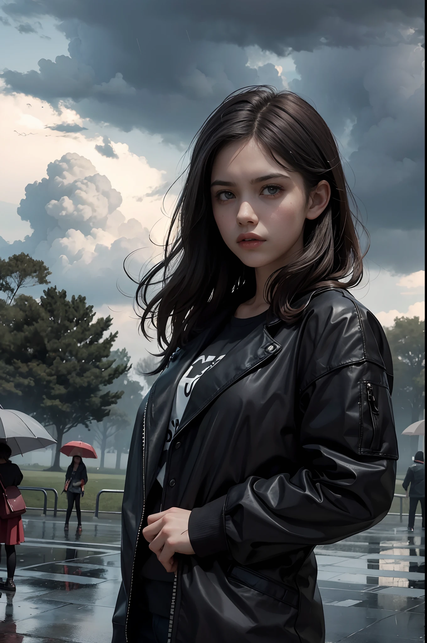 rs being excluded in the park by other groups of children, Cinematic, Loneliness, irate, power, Realism, Greg Rutkowski, dark clouds, Rain