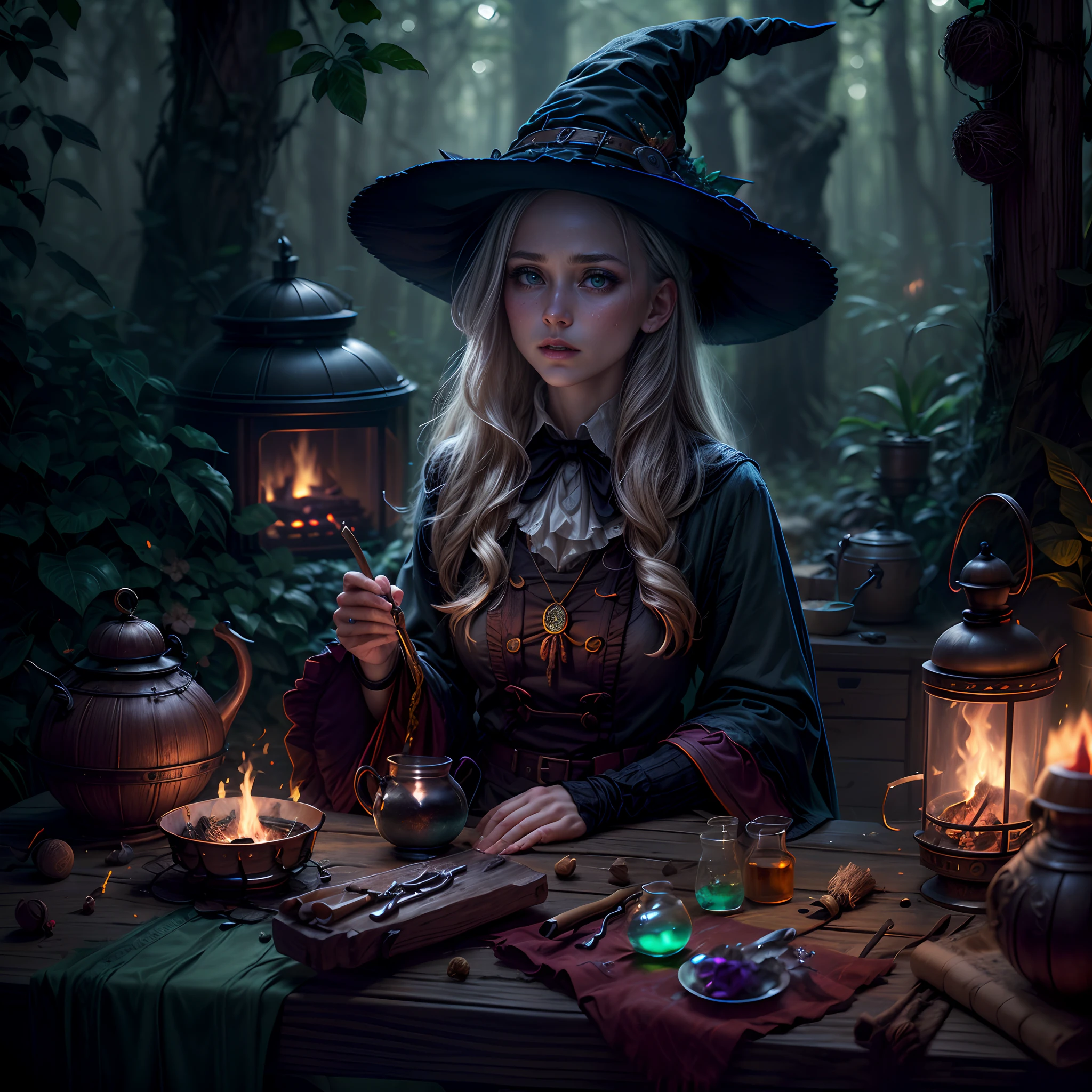 ultra detail hair, Best Quality, hiquality, hight resolution, detail enhancement, ((most beautiful image in the world)), Masterpiece, Best Quality, High Quality Detail Enhancement, ((most beautiful image ),full body ,ultrawide shot,In the background of the magic cabin,Nakajing is an elderly witch,Pointed wizard hat,Sit in front of a campfire,There is a magic crucible on the campfire,The foreground is a workbench,There are exquisite alchemy potions on it,Animal teeth,Inexplicable greenery,Ambient lighting,Purple, green, white, black,delicated face,Hydrated eyes,Perfect real skin,Real hair,Gloomy light and shadow,Correct perspective structure,
