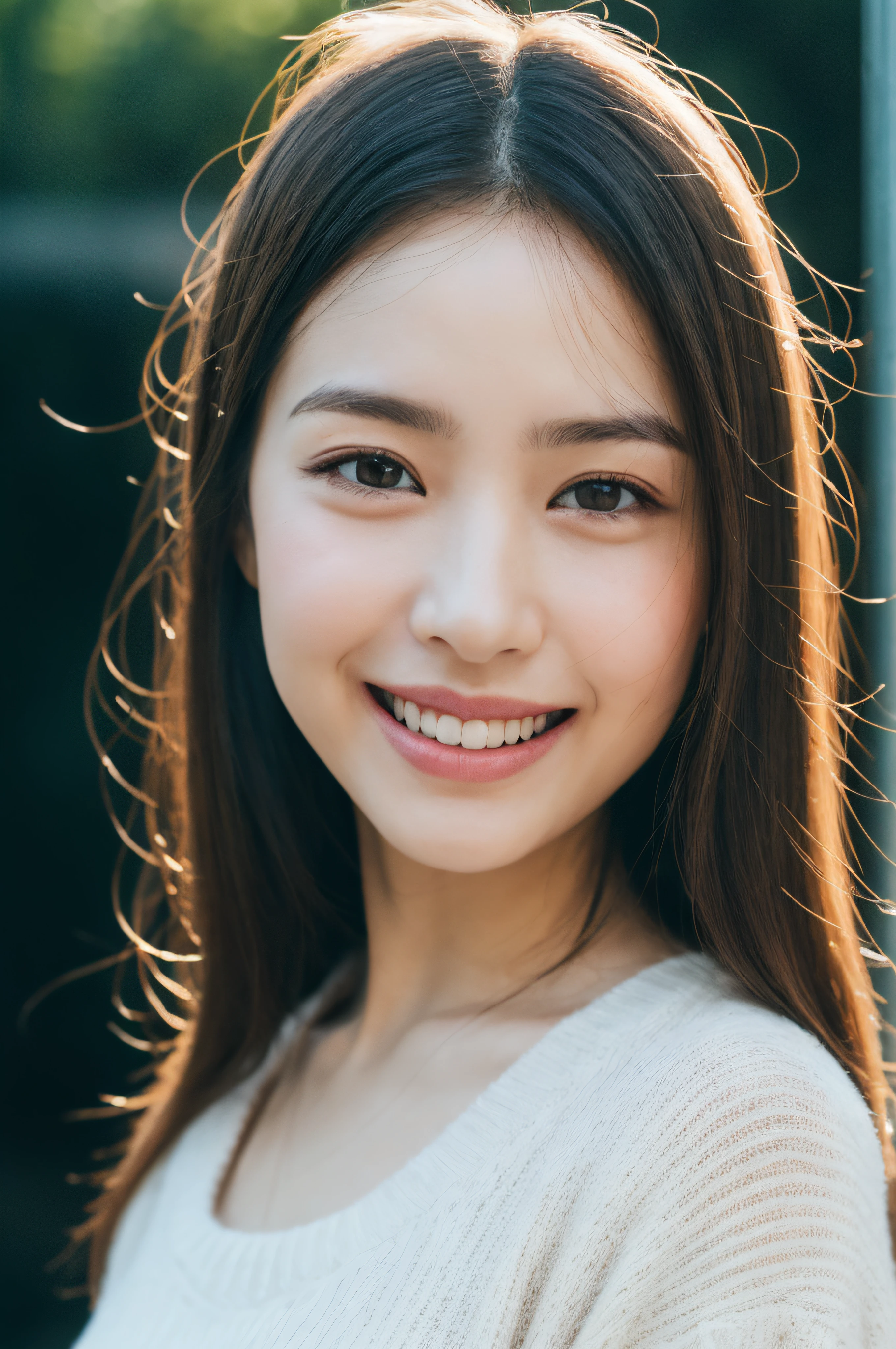 (8k, RAW photos, highest quality, high resolution:1.1), (hyperrealistic:1.4),(realistic, photorealistic:1.3), soft light,realistic face,realistic body,realistic skin,absurdity,masterpiece,(cute:1.8),(long black hair,half-up,hairpin),(big breasts:1.2),detailed black eyes,innocent eyes,drooping eyes,(smiling eyes:0.6) ,(grin:1.2),teardrop,open lips,grinning,blusher,good style,cami sweater dress,dolman sleeve sweater,cinema lights,film grain,closeup,look viewer,full body,depth of field,blurred background,eye focus,young,85mm lens, f/1.4,professional lighting,portrait,photon mapping,radiosity, physical rendering, transparency, Japan girl, day, sunny, street corner, survey