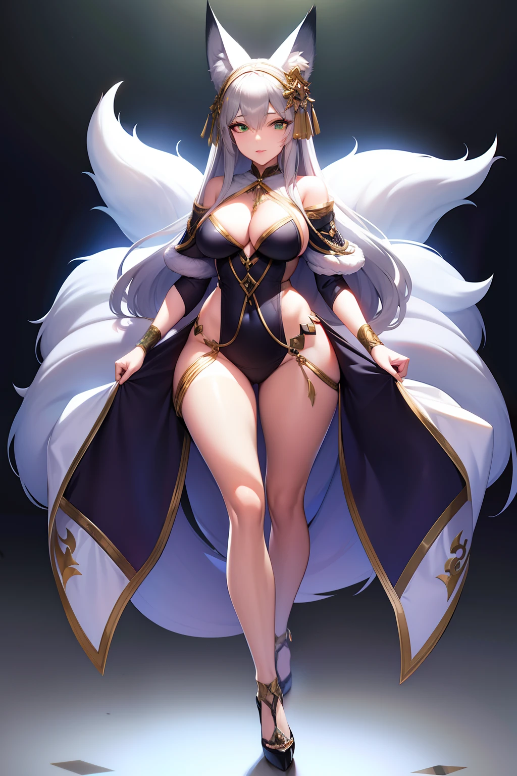 one woman, fox ears, fox tail, silver hair, green eyes, medium breasts, wide hips, full body, hair ornament, mommy, mature lady, well dressed,