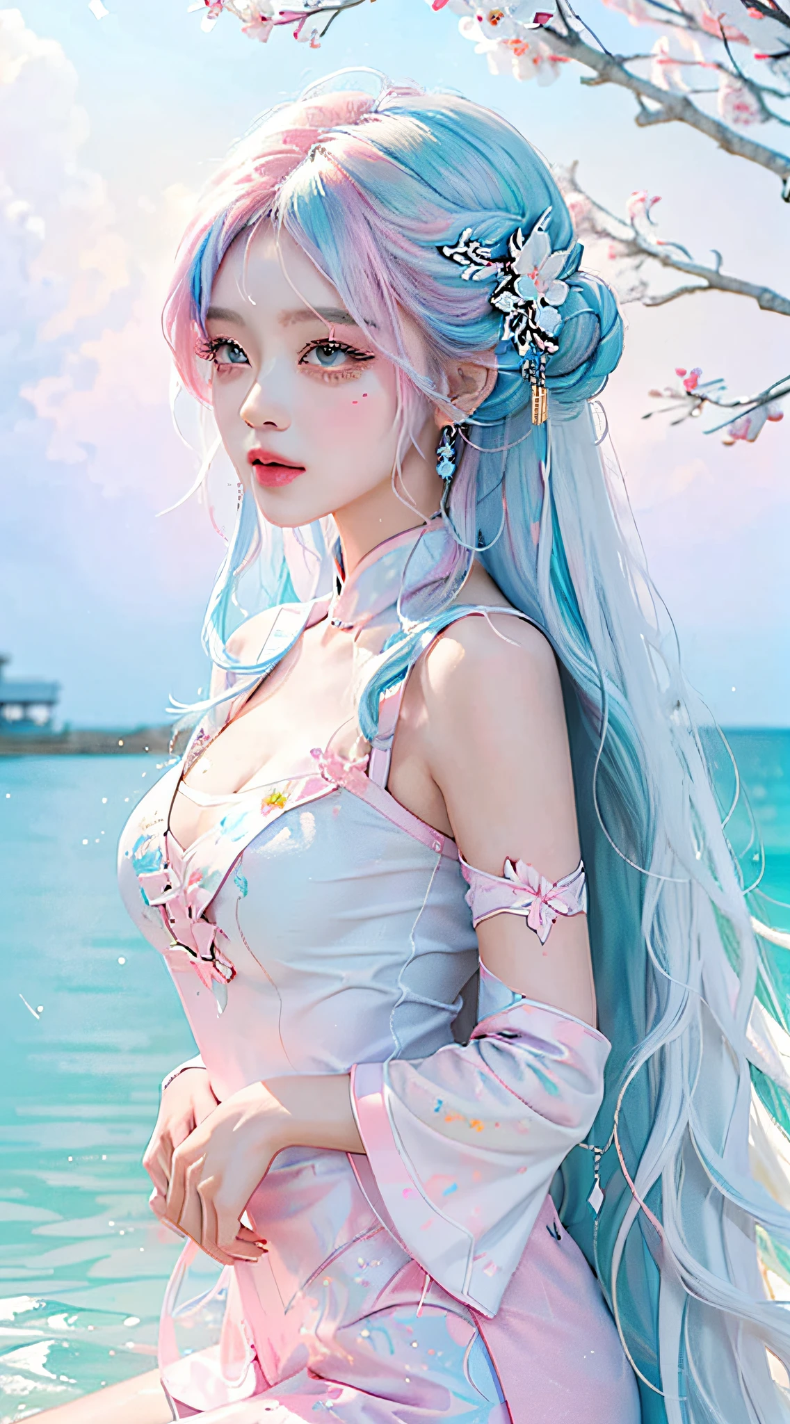 （tmasterpiece、best qualtiy、A high resolution），white backgrounid，Acrylic paints，（（splash of color，Splash ink、Color splattering）），Sweet Chinese girl，light blue long hair，[light blues|Pink big breasts]the hair，curlies，glitters，Pink lips，White color blouse，frontage，Above the legs