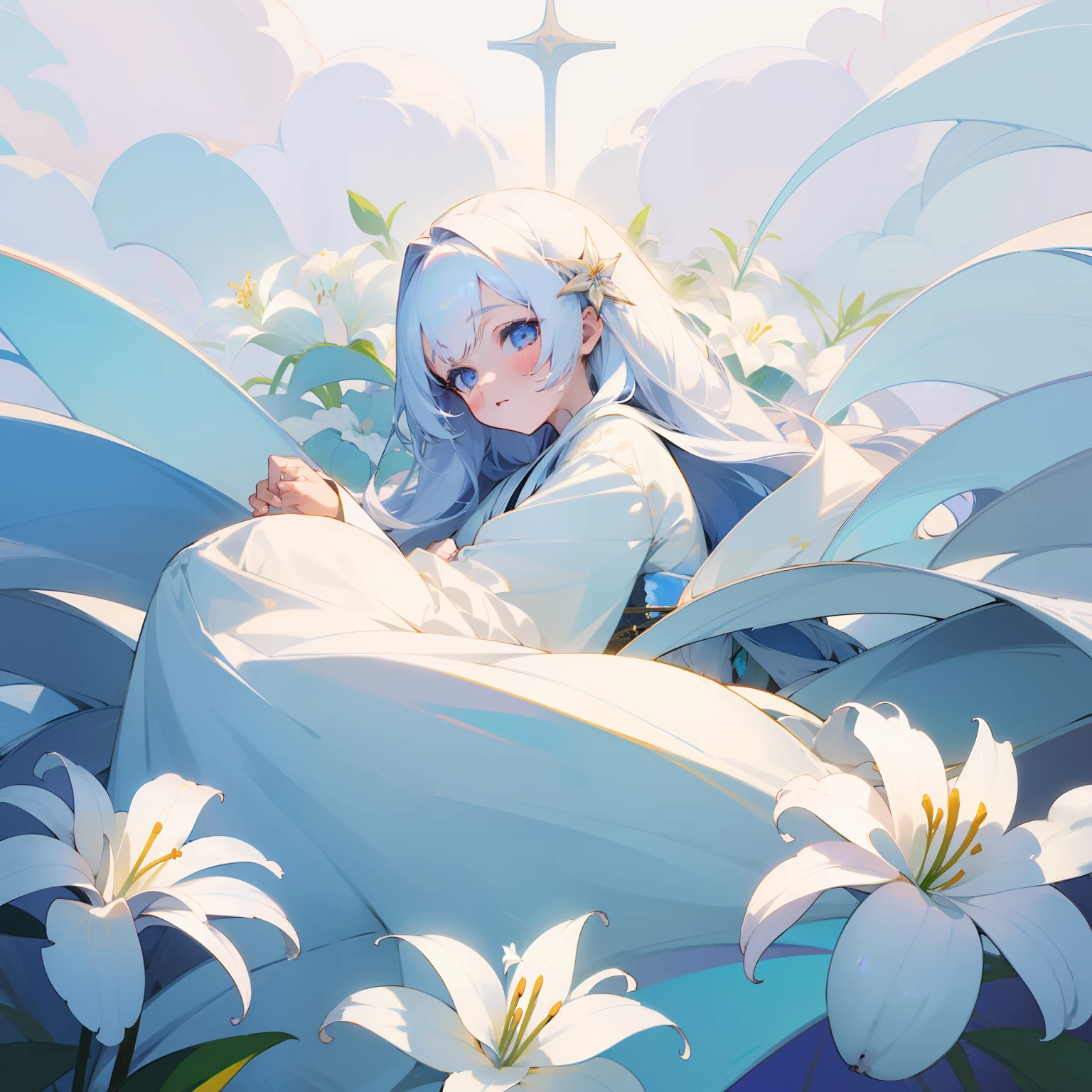 (Beautifully Aesthetic:1.2)、(1girl in:1.3)、(White colorful hair:1.2)、Wearing a colorful white kimono、lily flowers、notre dame、Beautiful fece、Fantastical、chaste、purity、dignity、innocence、noble、pride、glory、