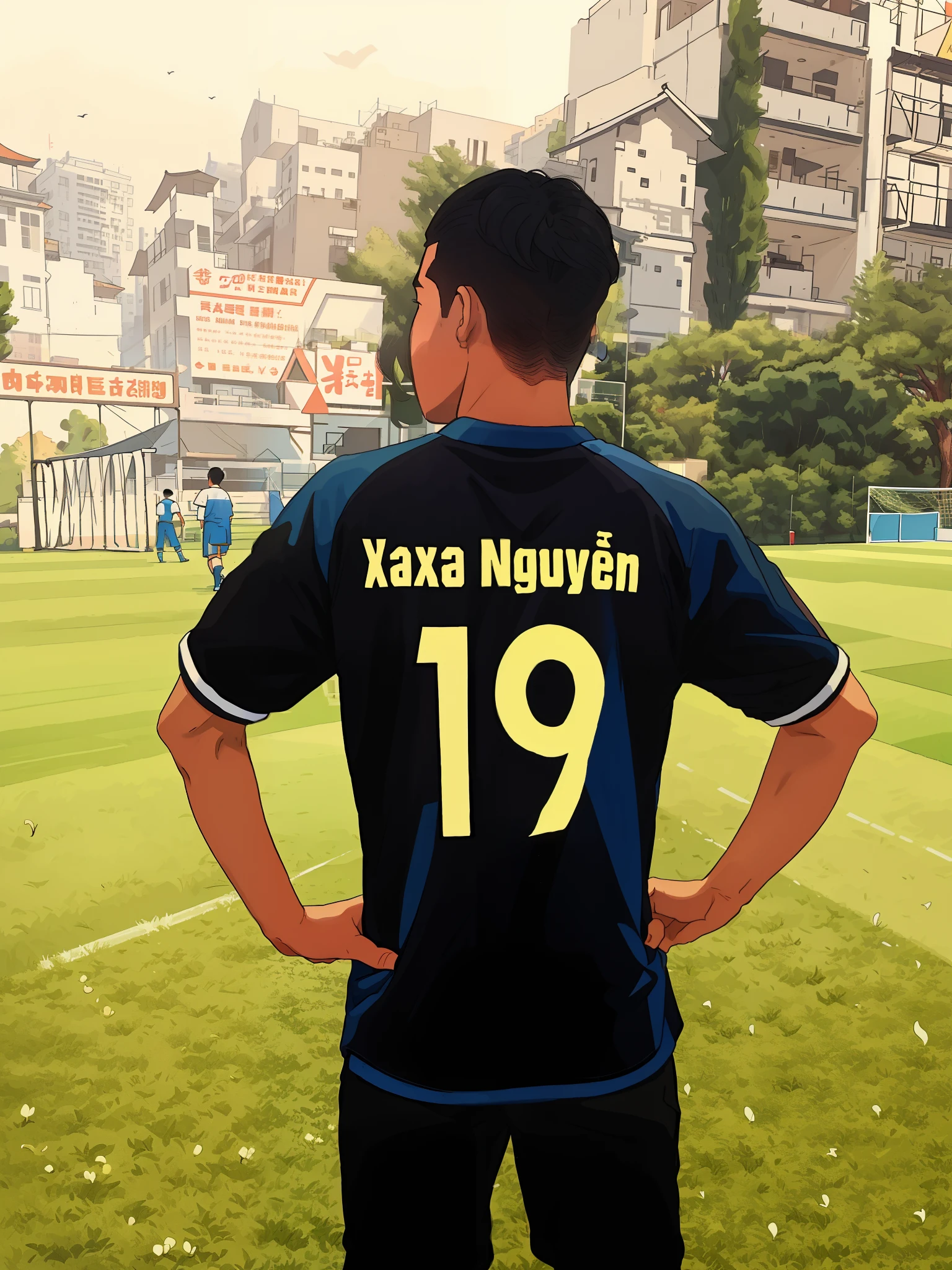 there is a man standing on a soccer field with his hands on his hips, nanquan, medium shot taken from behind, quy ho, back - view, back view. nuri iyem, photographed from the back, in style of lam manh, photo taken from behind, xiang duan, 19xx, backview, view from the back